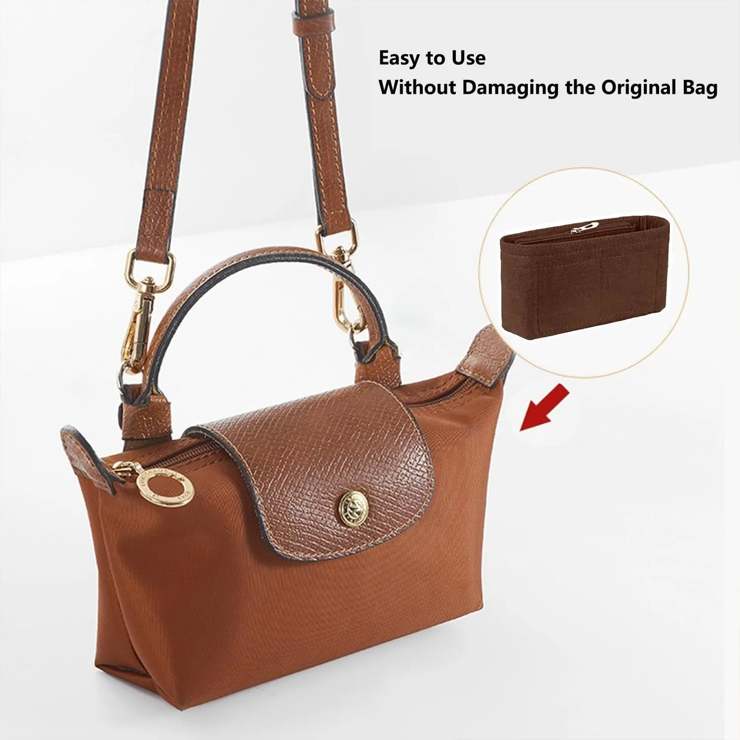 Chispee Purse Organizer Insert Felt Bag Organizer fit GG Marmont Matelasse Shoulder Bag Storage & Finishing Inner Handbags Insert Organizer for Longchamp Mini,Coffee