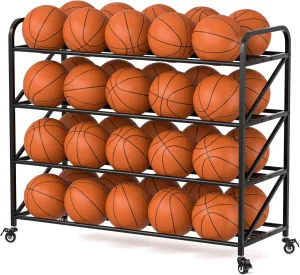 Chooga Basketball Rack Ball Storage Holder, 4-Tier 40-Ball Rolling Basketball Shooting Training Stand, Heavy Duty Garage Sports Equipment Organizer with Wheels for Gym, School, Club