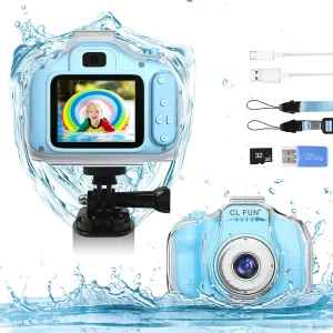 CL FUN Kids Waterproof Camera Gift for 5 6 7 8 9 10 Year Old Girls, Toddlers, Christmas and Birthday Gifts, Underwater Video Recorder with 32GB SD Card, Pink