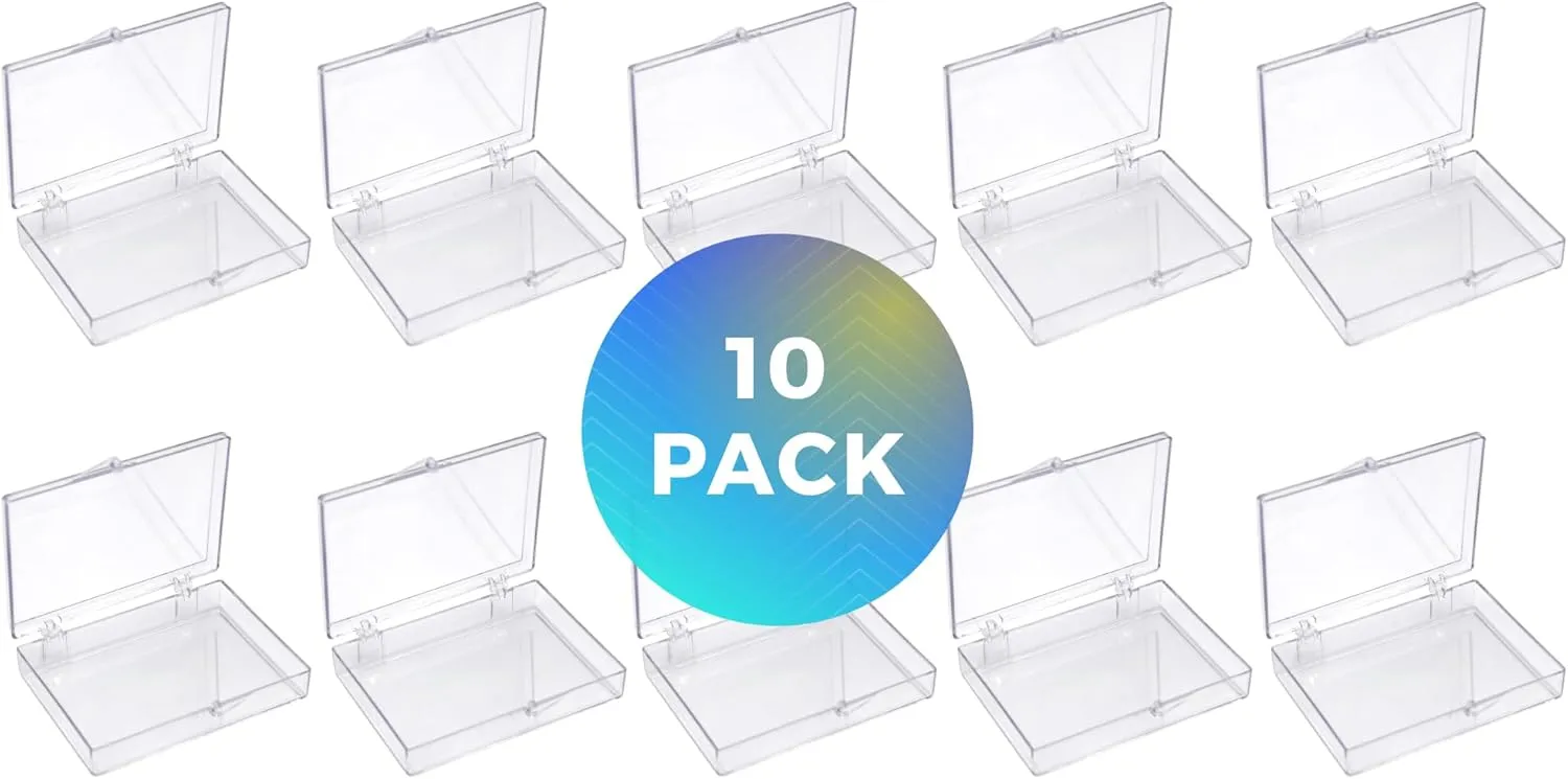 Clear Hard Plastic Hinged Lid Box, Trading Card Storage Box and Display Case for Collectibles, 3 1/2" L x 2 9/16" W x 5/8" H, 10 Boxes, Made in USA