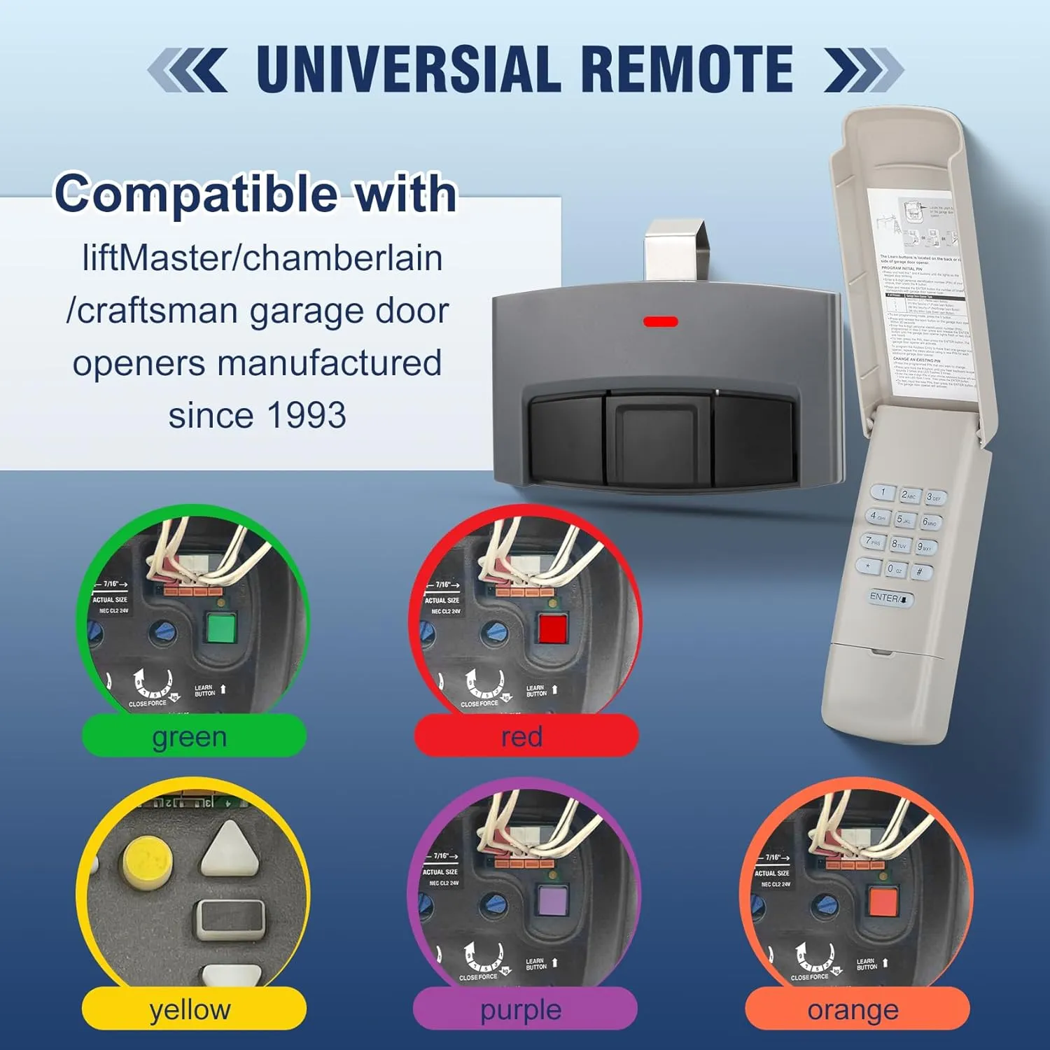 CMXZDCG453 for Chamberlain liftmaster Craftsman Garage Door Opener Remote Keypad, with Yellow, Purple, Green, Red/Orange Learn Button, 877max G940EV-P2 CMXZDCG440 971LM 371LM 893lm 373lm 973lm