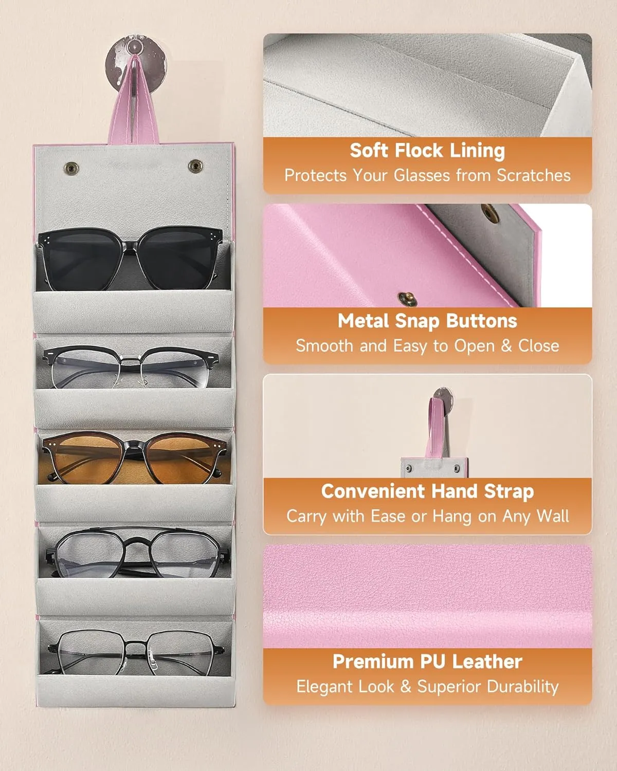 CO-Z Travel Sunglasses Organizer, Foldable Travel Sunglass Case with 5 Slots for Multiple Pairs, Portable Eyeglasses Holder