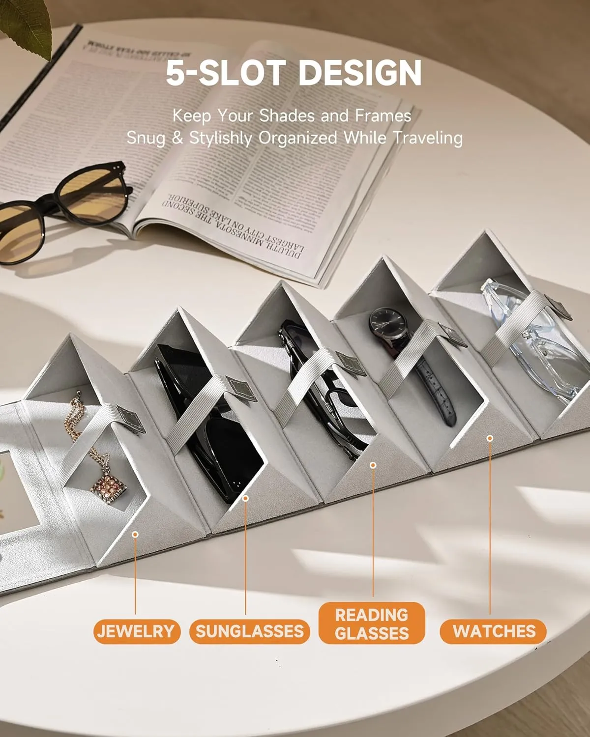CO-Z Travel Sunglasses Organizer, Foldable Travel Sunglass Case with 5 Slots for Multiple Pairs, Portable Eyeglasses Holder