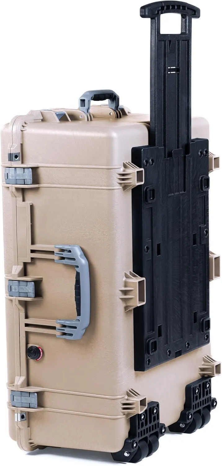 ColorCase Pelican 1650 Case Desert Tan - Large Sized Waterproof Rolling Case with Mesh Lid Organizer - Silver Handles & Latches