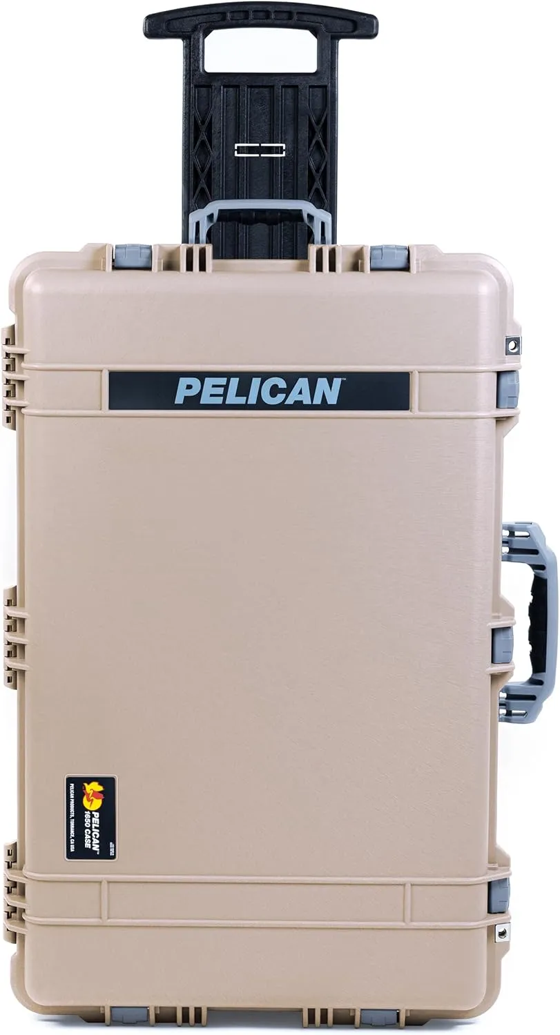 ColorCase Pelican 1650 Case Desert Tan - Large Sized Waterproof Rolling Case with Mesh Lid Organizer - Silver Handles & Latches