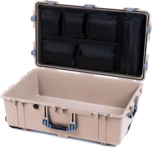 ColorCase Pelican 1650 Case Desert Tan - Large Sized Waterproof Rolling Case with Mesh Lid Organizer - Silver Handles & Latches