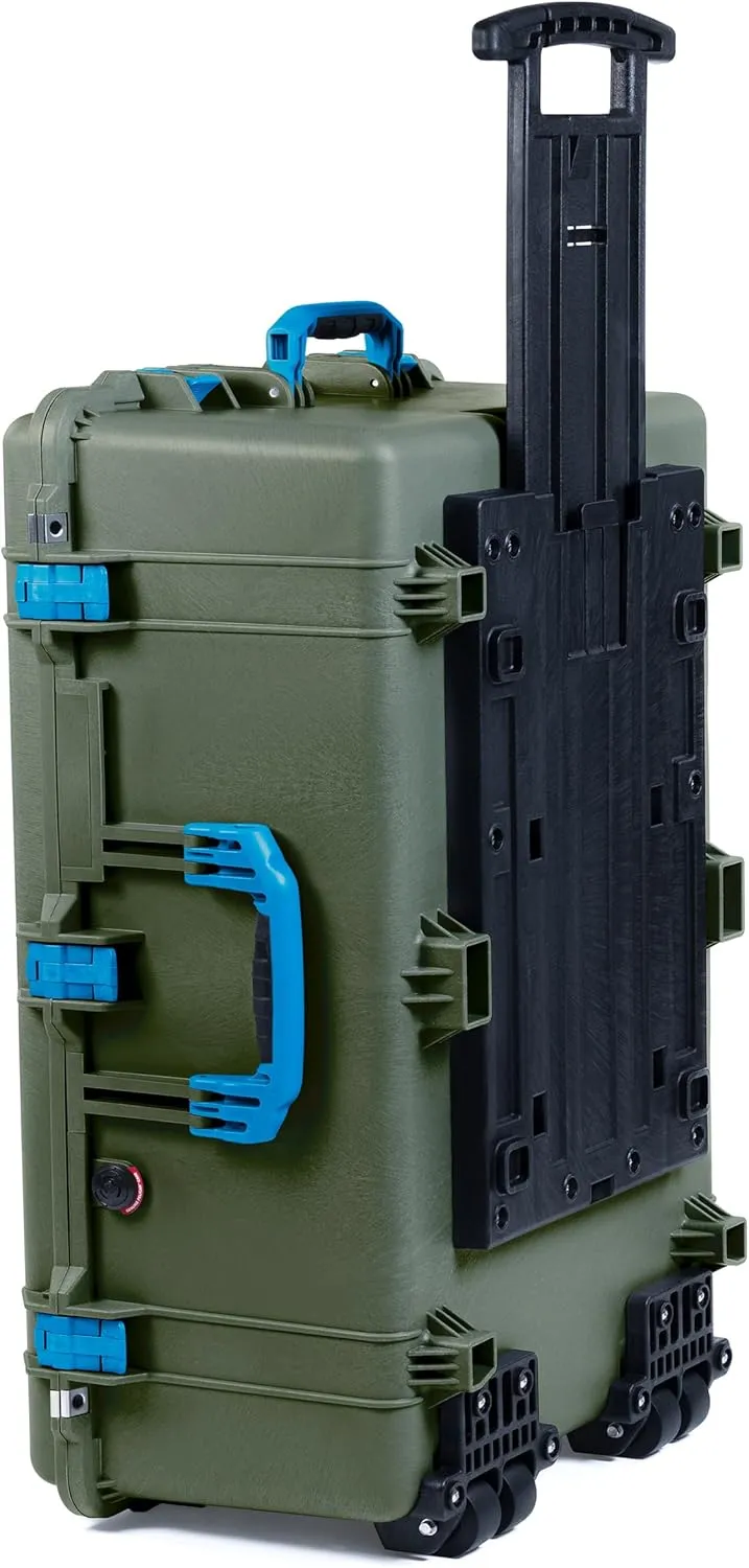 ColorCase Pelican 1650 Case OD Green - Large Sized Rolling Waterproof Case with Pick & Pluck Foam & Convoluted Lid Foam - Blue Handles & Latches