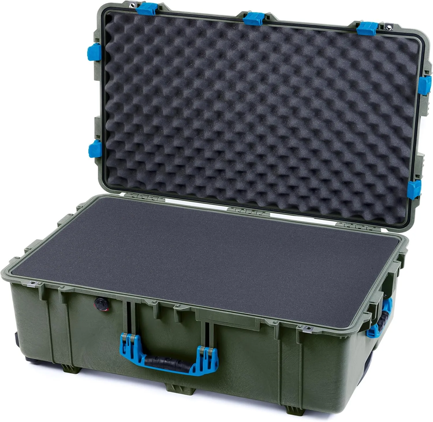 ColorCase Pelican 1650 Case OD Green - Large Sized Rolling Waterproof Case with Pick & Pluck Foam & Convoluted Lid Foam - Blue Handles & Latches