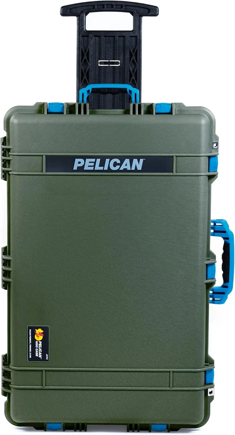 ColorCase Pelican 1650 Case OD Green - Large Sized Rolling Waterproof Case with Pick & Pluck Foam & Convoluted Lid Foam - Blue Handles & Latches
