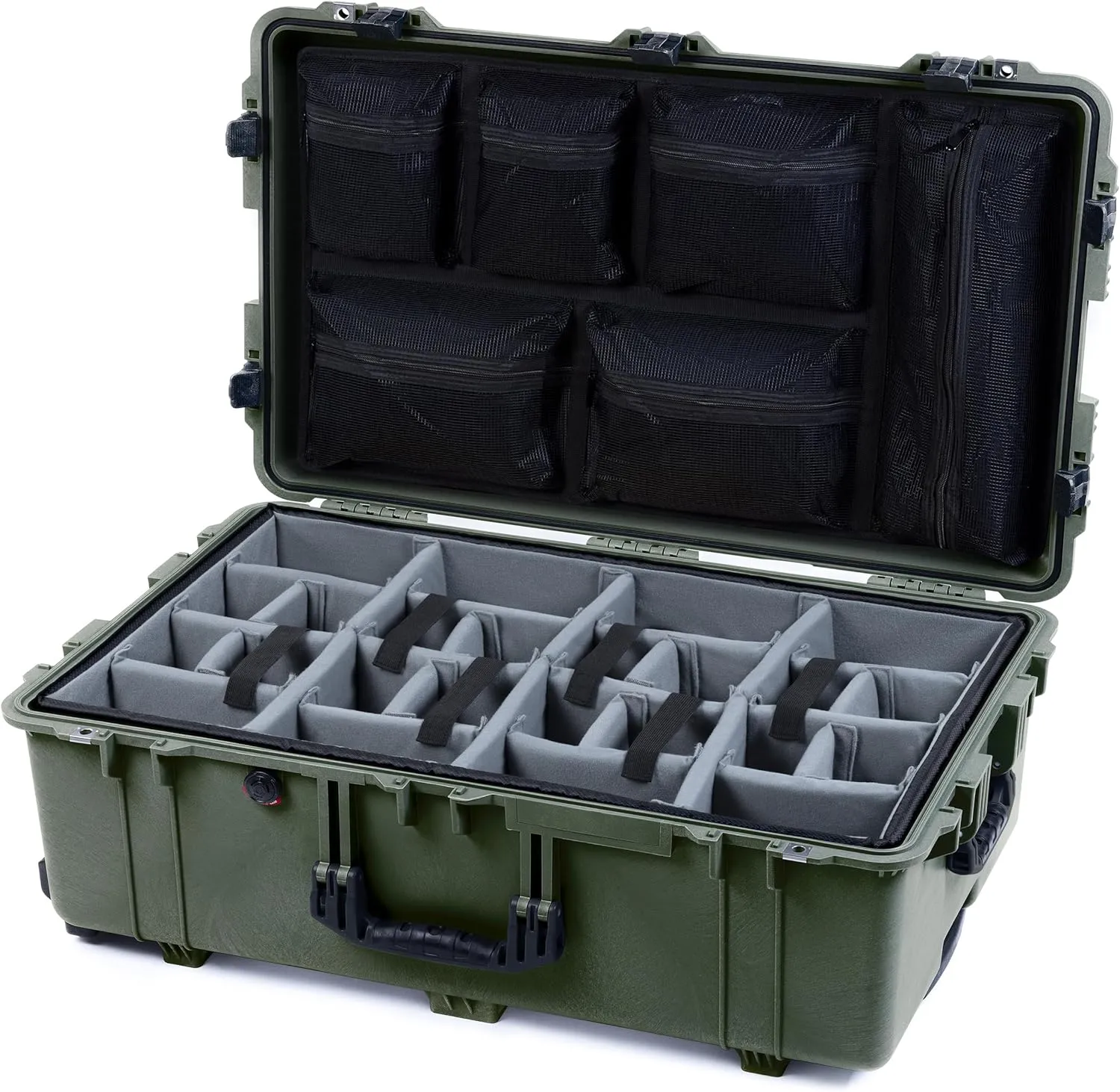 ColorCase Pelican 1650 Case OD Green - Large Sized Waterproof Rolling Case with Grey Padded Dividers & Mesh Lid Organizer - Black Handles & Latches