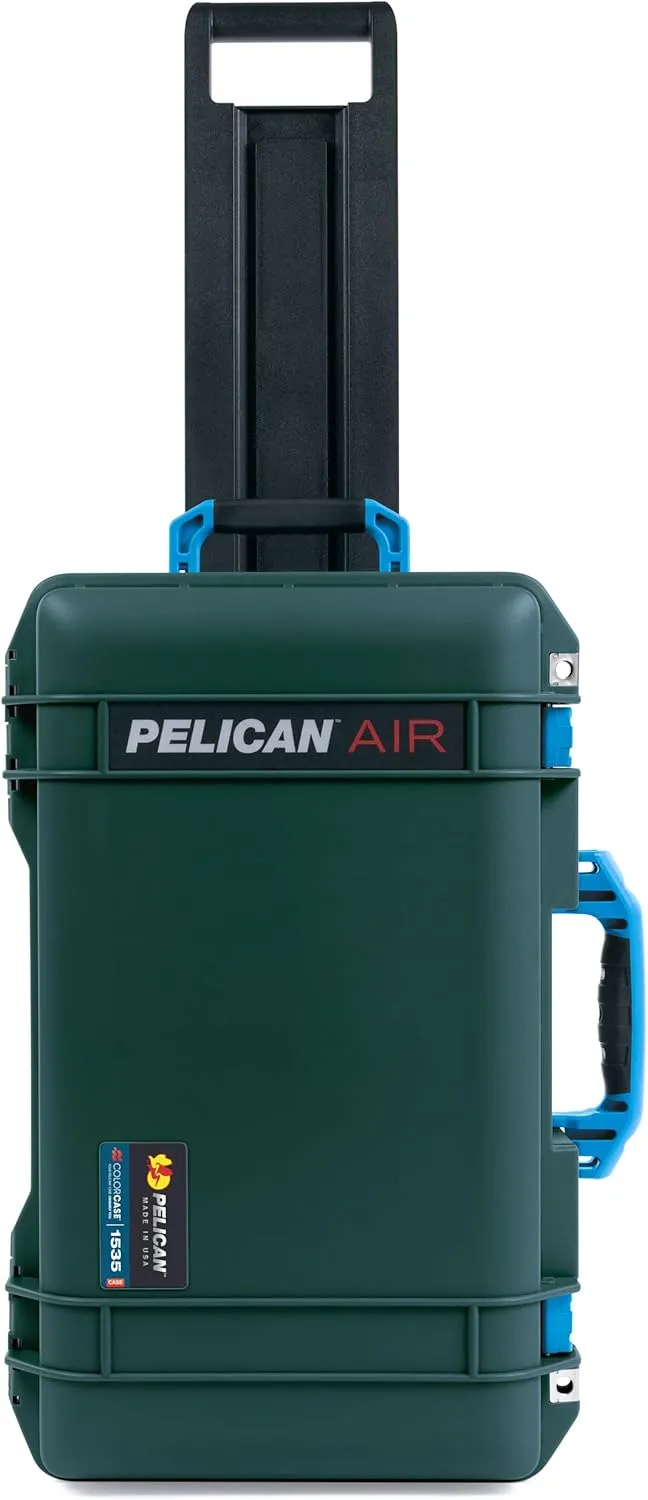 ColorCase Pelican Air 1535 Carry-on Case Trekking Green - Medium Size Waterproof Case with Pick & Pluck Foam & Mesh Lid Organizer - Blue Handles & Latches