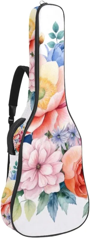 Colorful Floral Composition Acoustic Guitar Gig Bag, 1 cm Thick Padding Waterproof Guitar Case Backpack with Dual Adjustable Shoulder Strap for 40-42 Inch Guitar