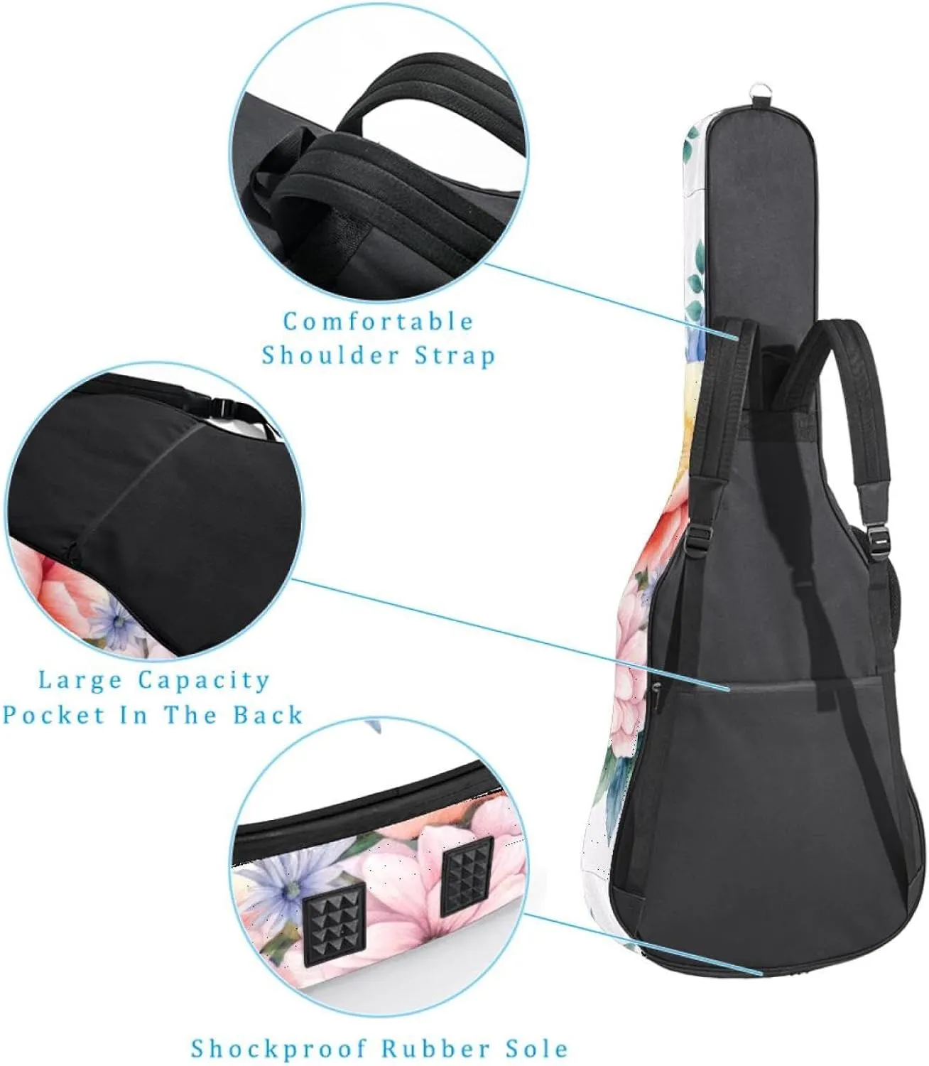 Colorful Floral Composition Acoustic Guitar Gig Bag, 1 cm Thick Padding Waterproof Guitar Case Backpack with Dual Adjustable Shoulder Strap for 40-42 Inch Guitar