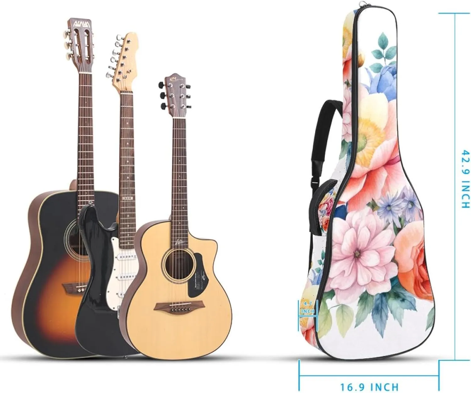 Colorful Floral Composition Acoustic Guitar Gig Bag, 1 cm Thick Padding Waterproof Guitar Case Backpack with Dual Adjustable Shoulder Strap for 40-42 Inch Guitar