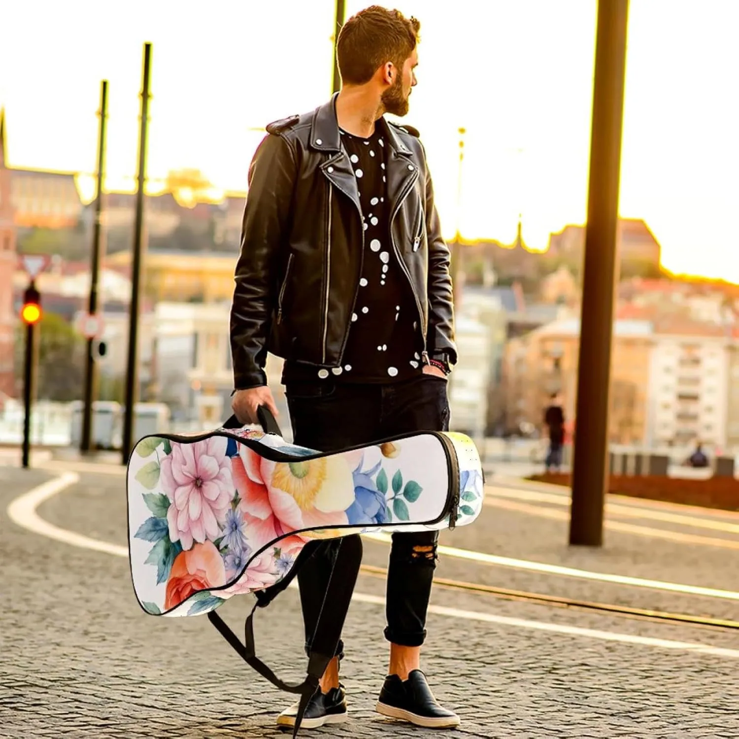 Colorful Floral Composition Acoustic Guitar Gig Bag, 1 cm Thick Padding Waterproof Guitar Case Backpack with Dual Adjustable Shoulder Strap for 40-42 Inch Guitar