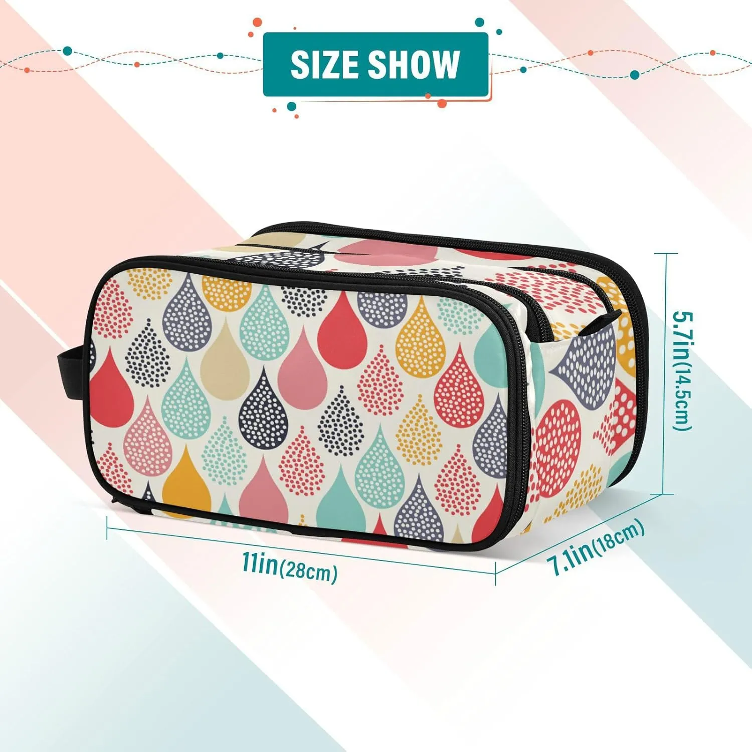 Colorful Hand Drawn Water Droplet Seamless Women's Portable Makeup Bag with Handle, Cosmetic Bag, Travel Cosmetic Bag Durable Toiletry Storage Organizer 11 x 7 x 5.7 inch