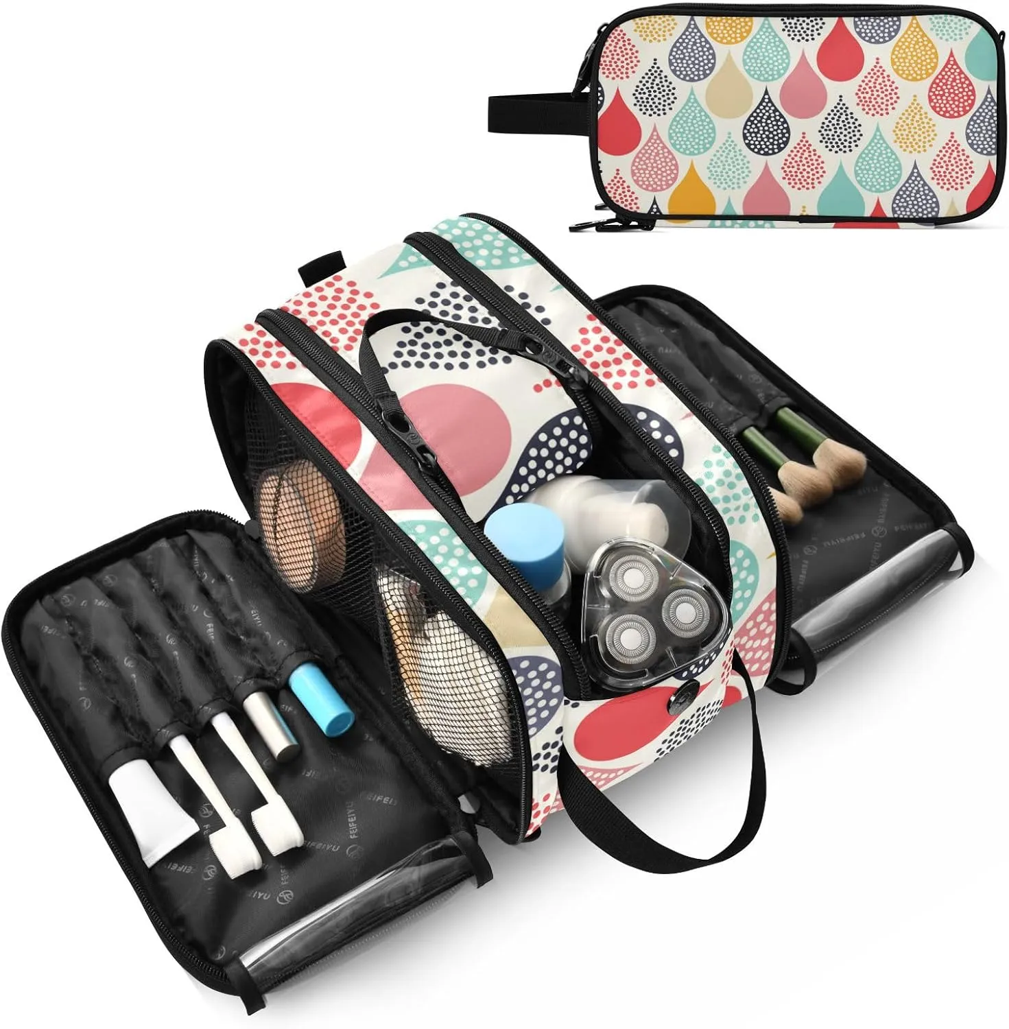Colorful Hand Drawn Water Droplet Seamless Women's Portable Makeup Bag with Handle, Cosmetic Bag, Travel Cosmetic Bag Durable Toiletry Storage Organizer 11 x 7 x 5.7 inch