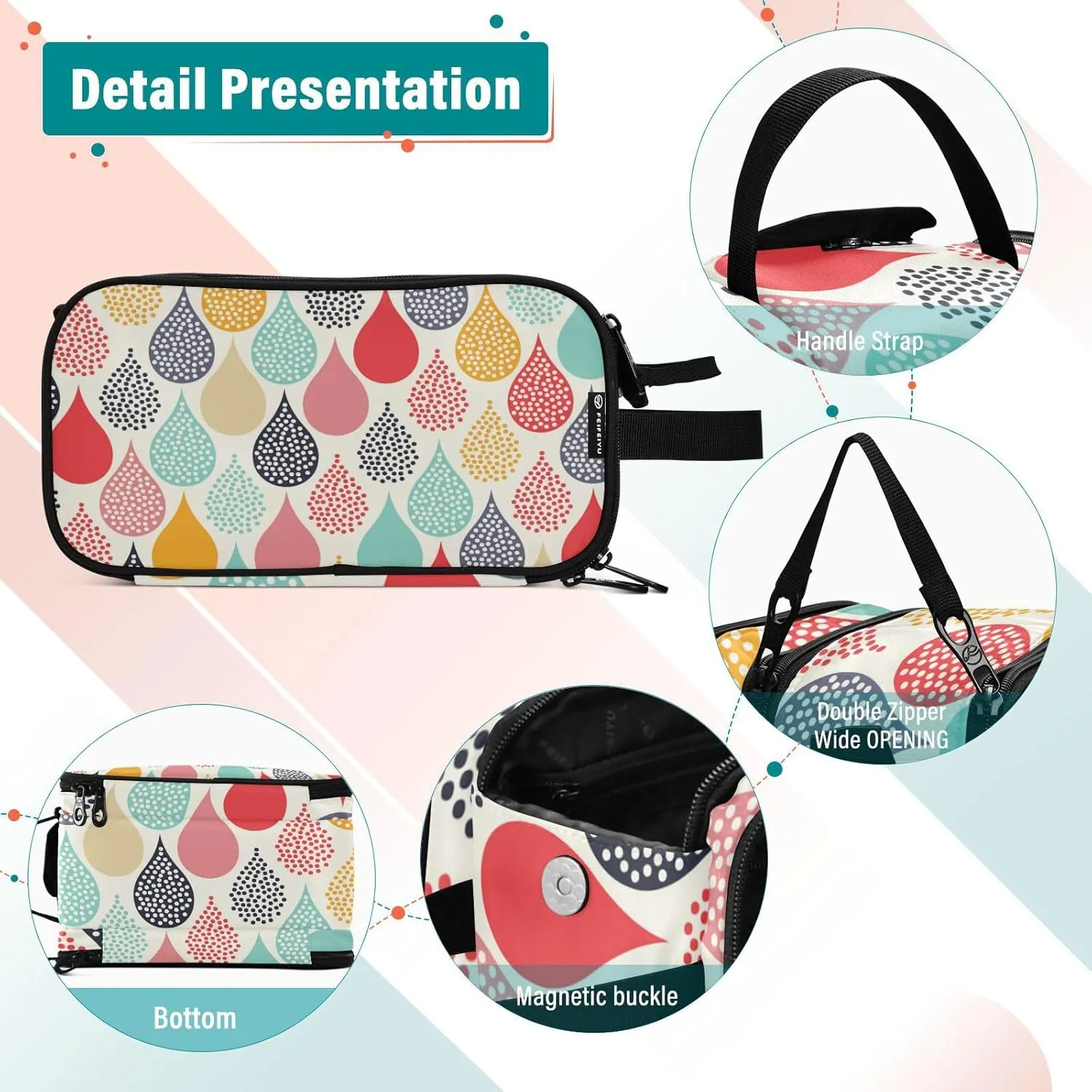 Colorful Hand Drawn Water Droplet Seamless Women's Portable Makeup Bag with Handle, Cosmetic Bag, Travel Cosmetic Bag Durable Toiletry Storage Organizer 11 x 7 x 5.7 inch