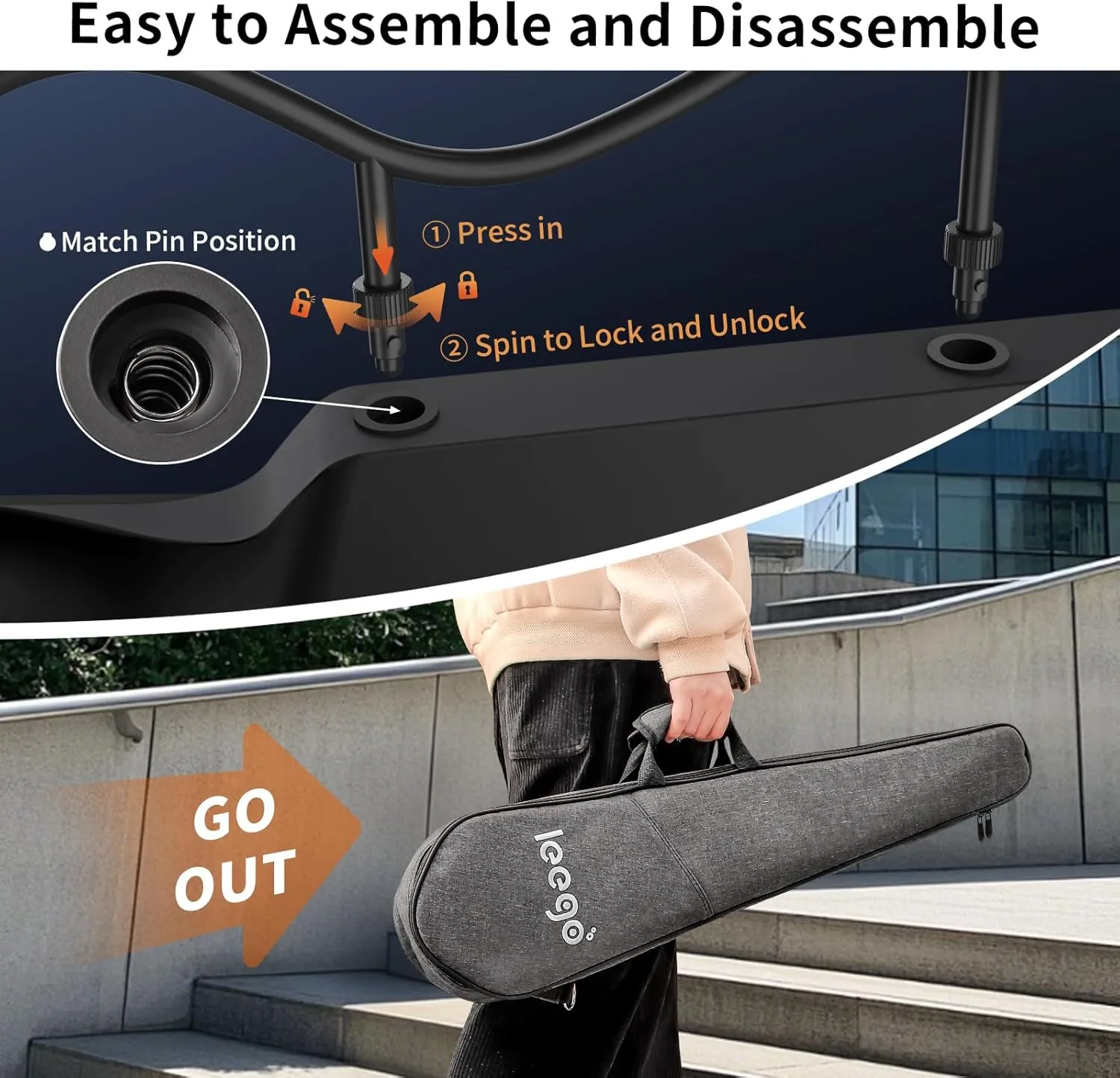 Compact Electric Guitar, Small Lightweight Headless Guitar for Travel and Practice, Portable Solid Body Easy Assemble Stands with Gig Bag, Black