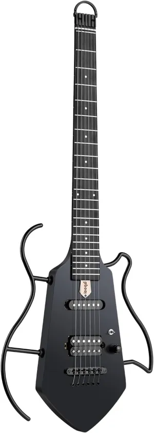 Compact Electric Guitar, Small Lightweight Headless Guitar for Travel and Practice, Portable Solid Body Easy Assemble Stands with Gig Bag, Black