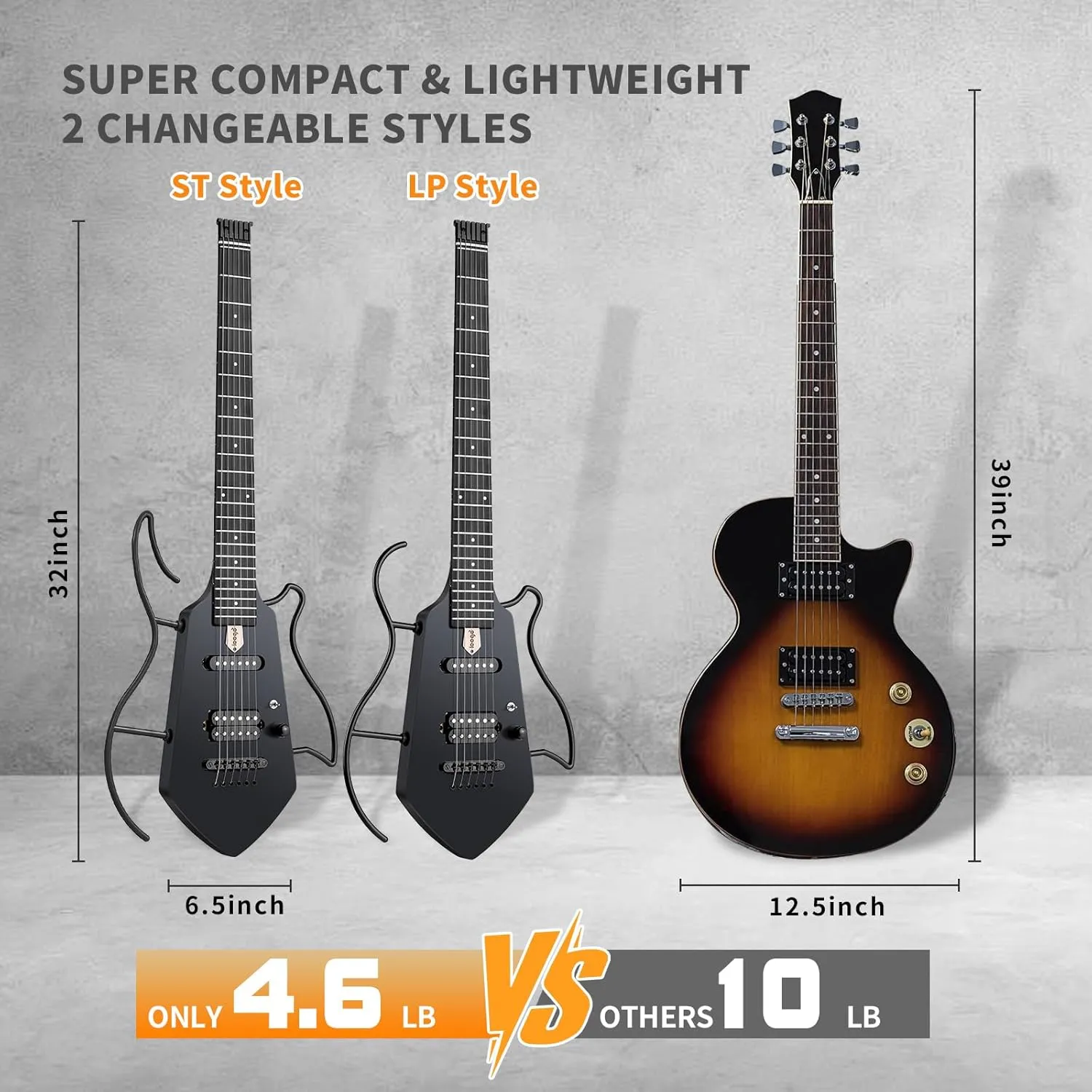 Compact Electric Guitar, Small Lightweight Headless Guitar for Travel and Practice, Portable Solid Body Easy Assemble Stands with Gig Bag, Black