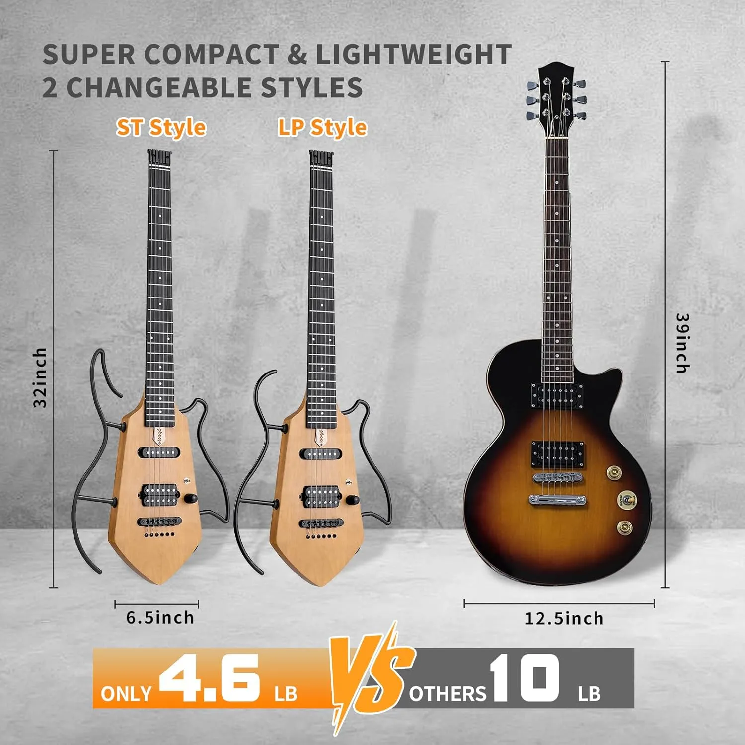 Compact Electric Guitar, Small Lightweight Headless Guitar for Travel and Practice, Portable Solid Body Easy Assemble Stands with Gig Bag, Natural