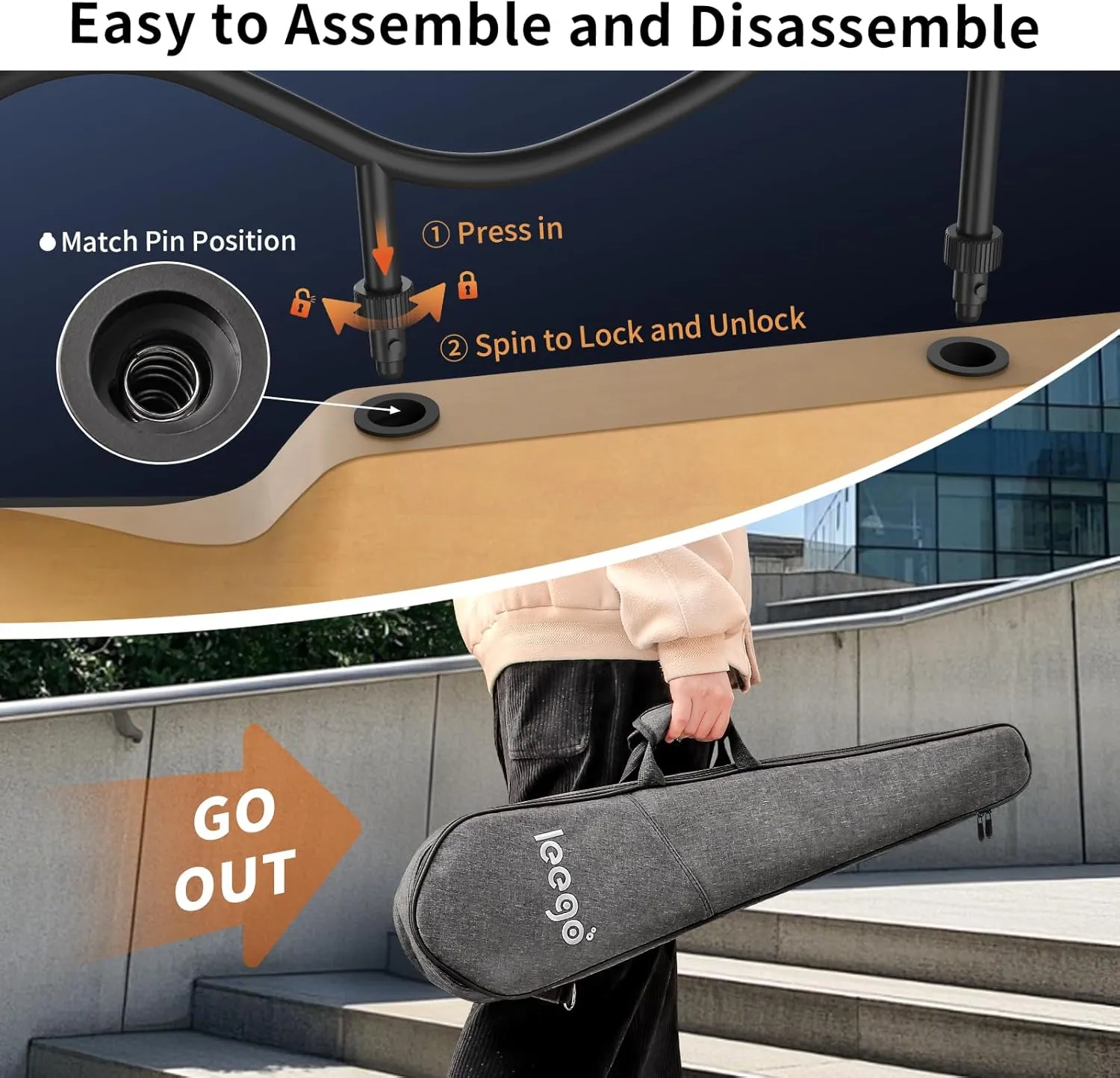 Compact Electric Guitar, Small Lightweight Headless Guitar for Travel and Practice, Portable Solid Body Easy Assemble Stands with Gig Bag, Natural
