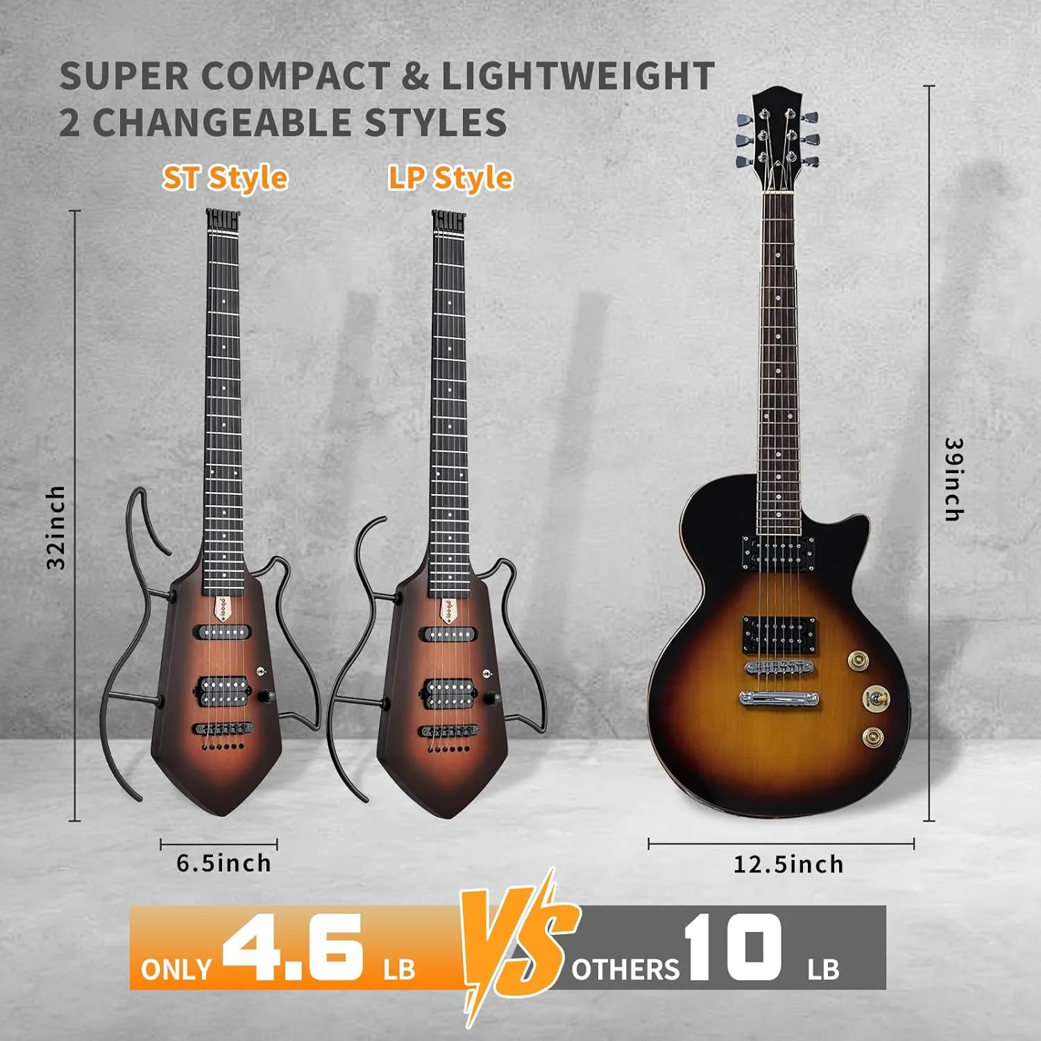 Compact Electric Guitar, Small Lightweight Headless Guitar for Travel and Practice, Portable Solid Body Easy Assemble Stands with Gig Bag, Sunburst