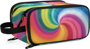 Concentric Rainbow, Spectrum Spirally Lines, Twisting Rotating lines Women's Portable Makeup Bag with Handle, Cosmetic Bag, Travel Cosmetic Bag Durable Toiletry Storage Organizer 11 x 7 x 5.7 inch