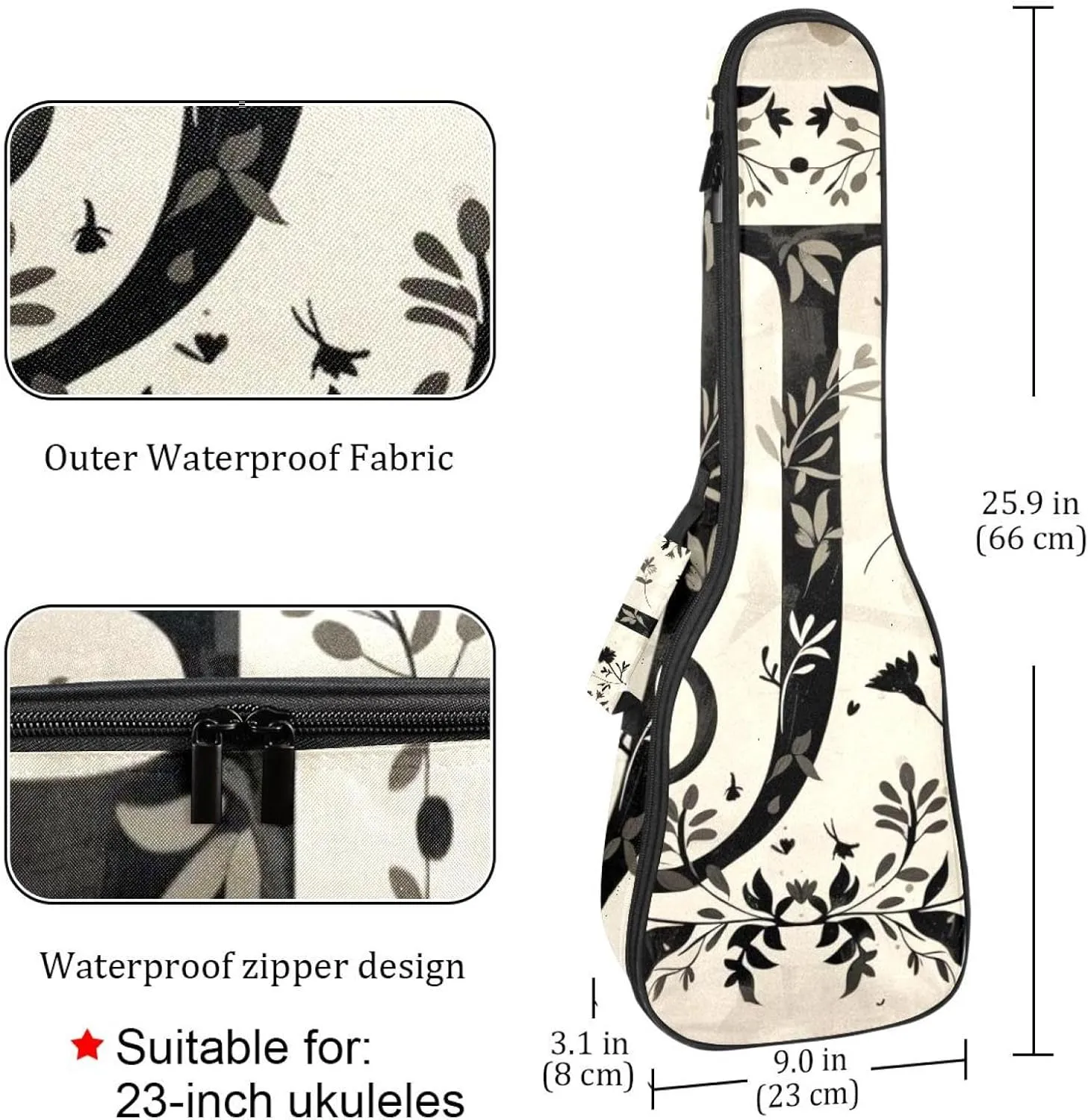Concert Ukulele Case Letter J Surrounded by Wreath Aesthetic Pattern Soft Thick Padded Ukulele Backpack 10MM thick Sponge Padding