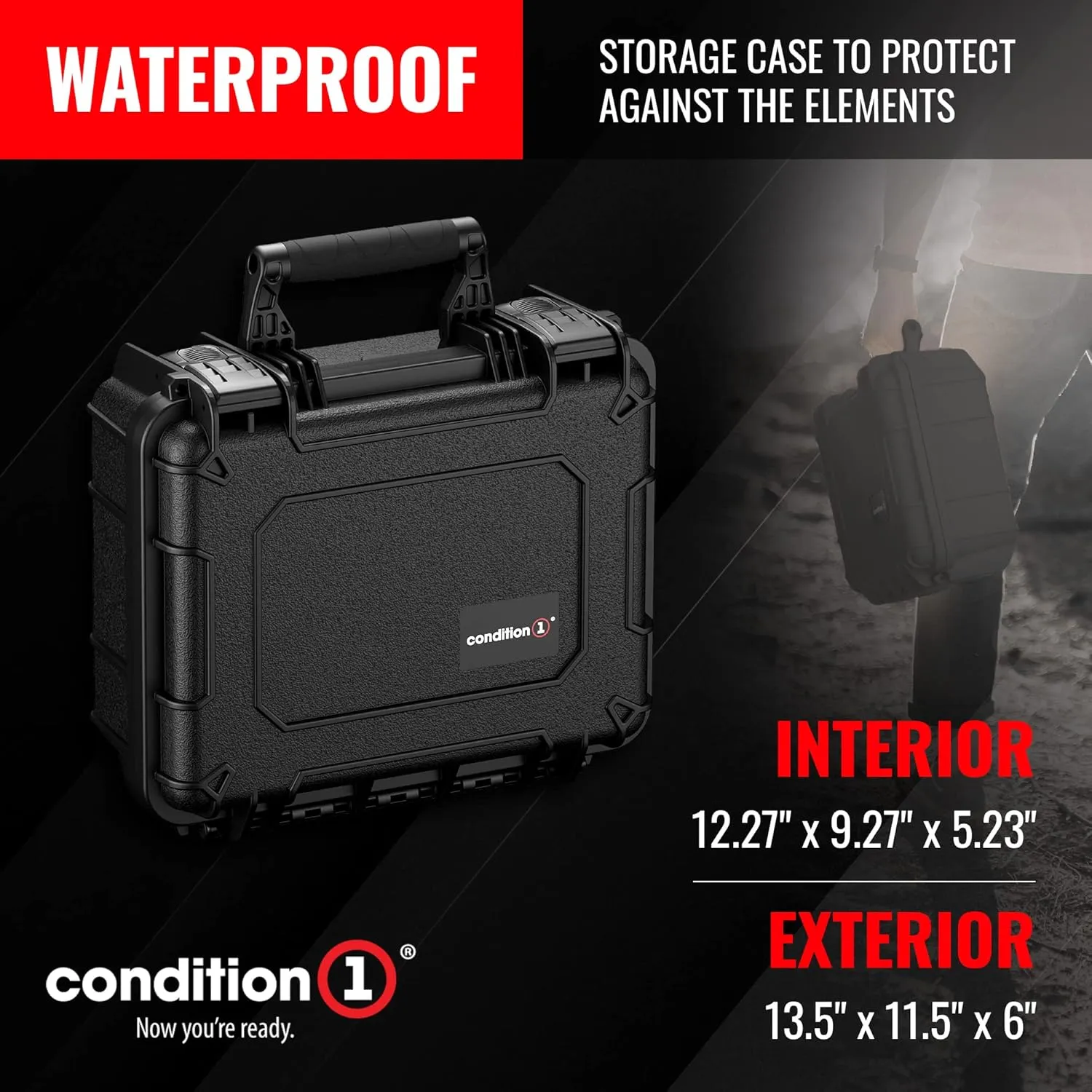 Condition 1 14" Medium Waterproof Hard Travel Case with Foam Heavy-Duty Protective Portable Storage Box, Camera, Tool, Handgun, Made in USA, 075, 13.5"x11.5"x6"