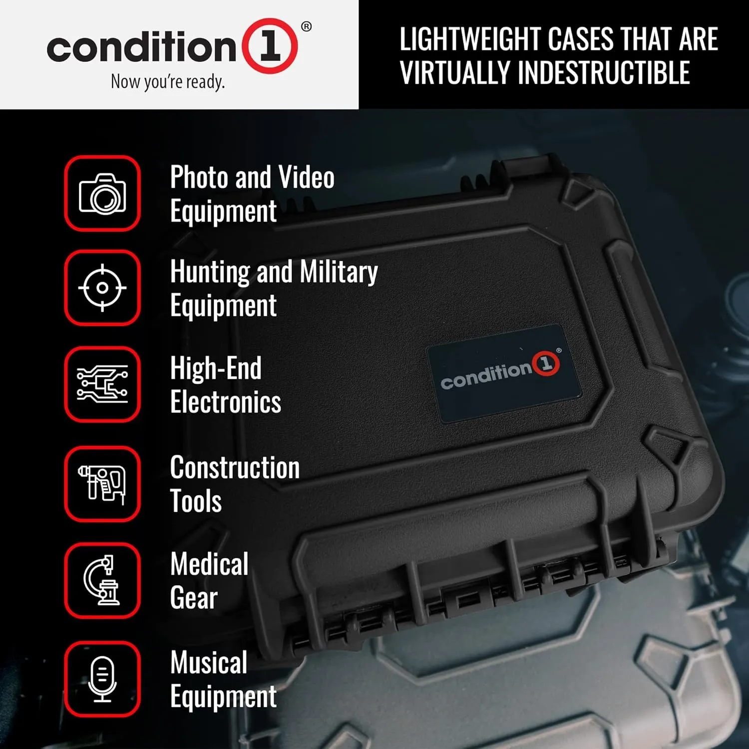 Condition 1 14" Medium Waterproof Hard Travel Case with Foam Heavy-Duty Protective Portable Storage Box, Camera, Tool, Handgun, Made in USA, 075, 13.5"x11.5"x6"