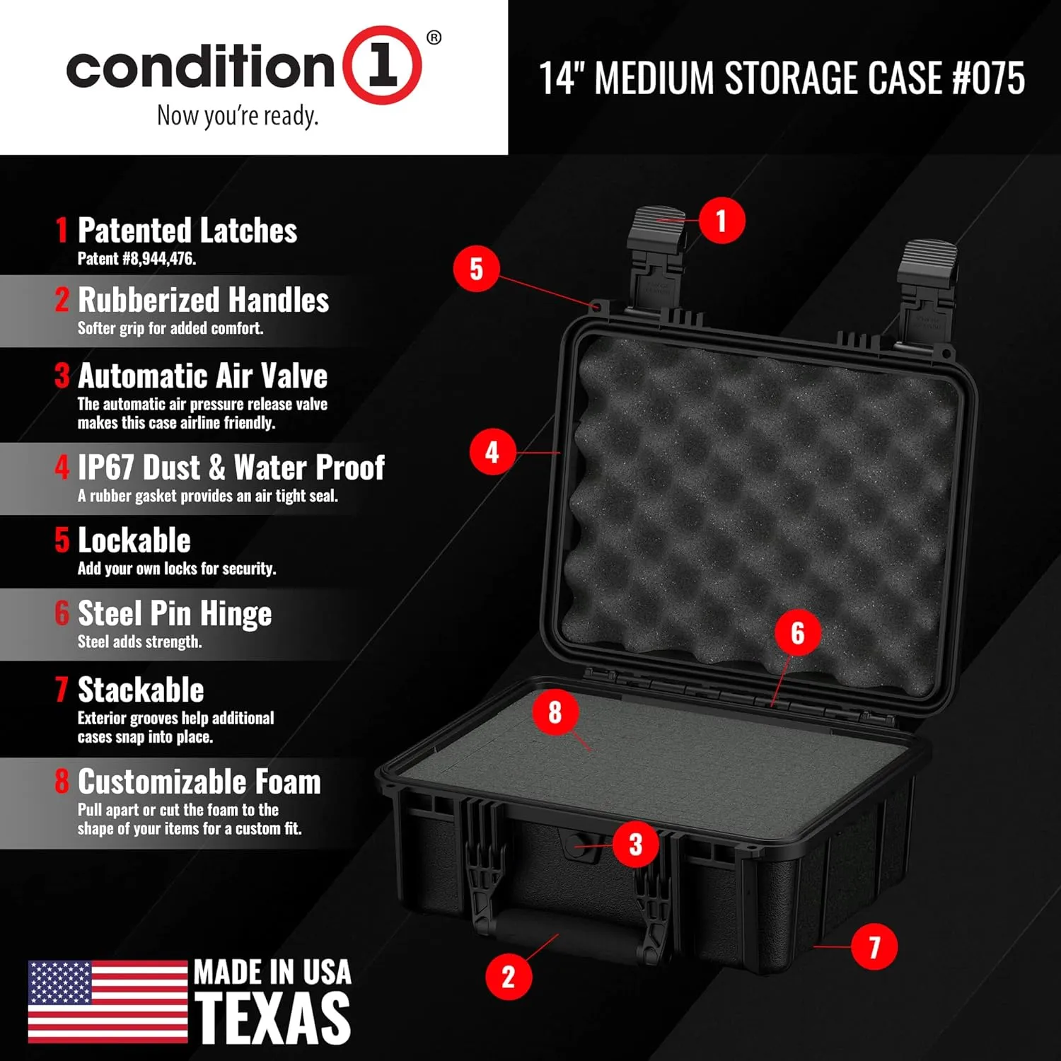 Condition 1 14" Medium Waterproof Hard Travel Case with Foam Heavy-Duty Protective Portable Storage Box, Camera, Tool, Handgun, Made in USA, 075, 13.5"x11.5"x6"