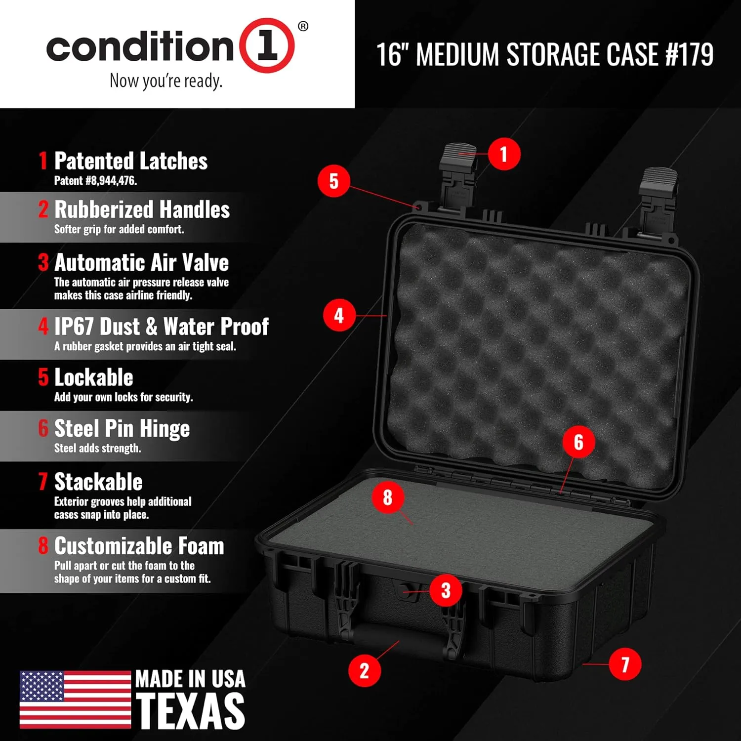 Condition 1 16" Medium Hard Case Lockable Storage Box, Waterproof Travel Plastic Case, Protective Luggage for Camera, Tactical Gear IP67, Made in USA, 179, 16"x13"x6.86"