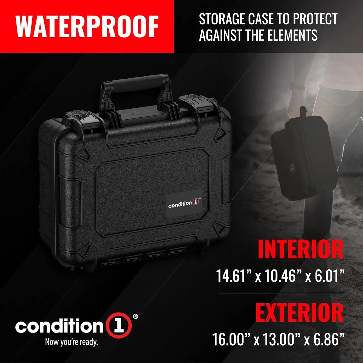 Condition 1 16" Medium Hard Case Lockable Storage Box, Waterproof Travel Plastic Case, Protective Luggage for Camera, Tactical Gear IP67, Made in USA, 179, 16"x13"x6.86"