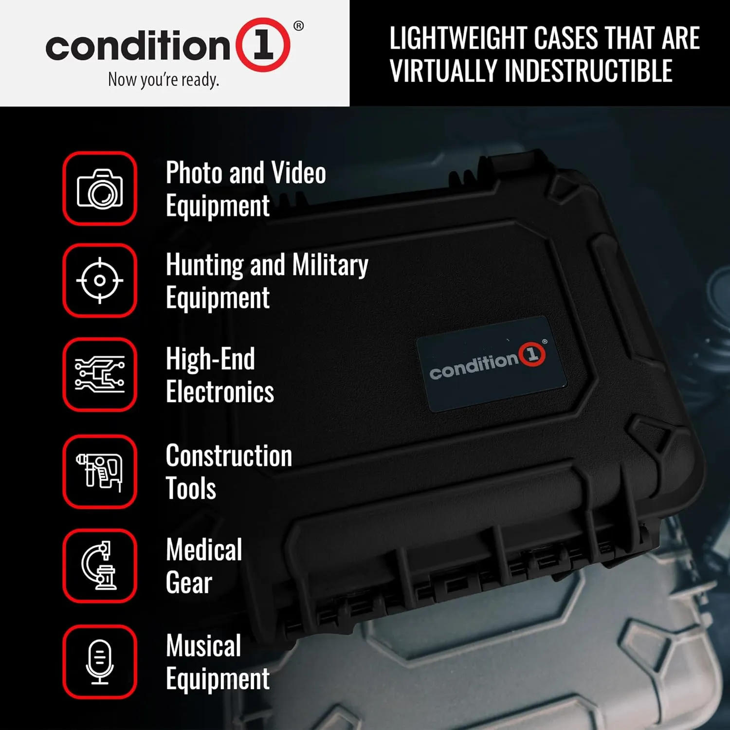 Condition 1 16" Medium Hard Case Lockable Storage Box, Waterproof Travel Plastic Case, Protective Luggage for Camera, Tactical Gear IP67, Made in USA, 179, 16"x13"x6.86"