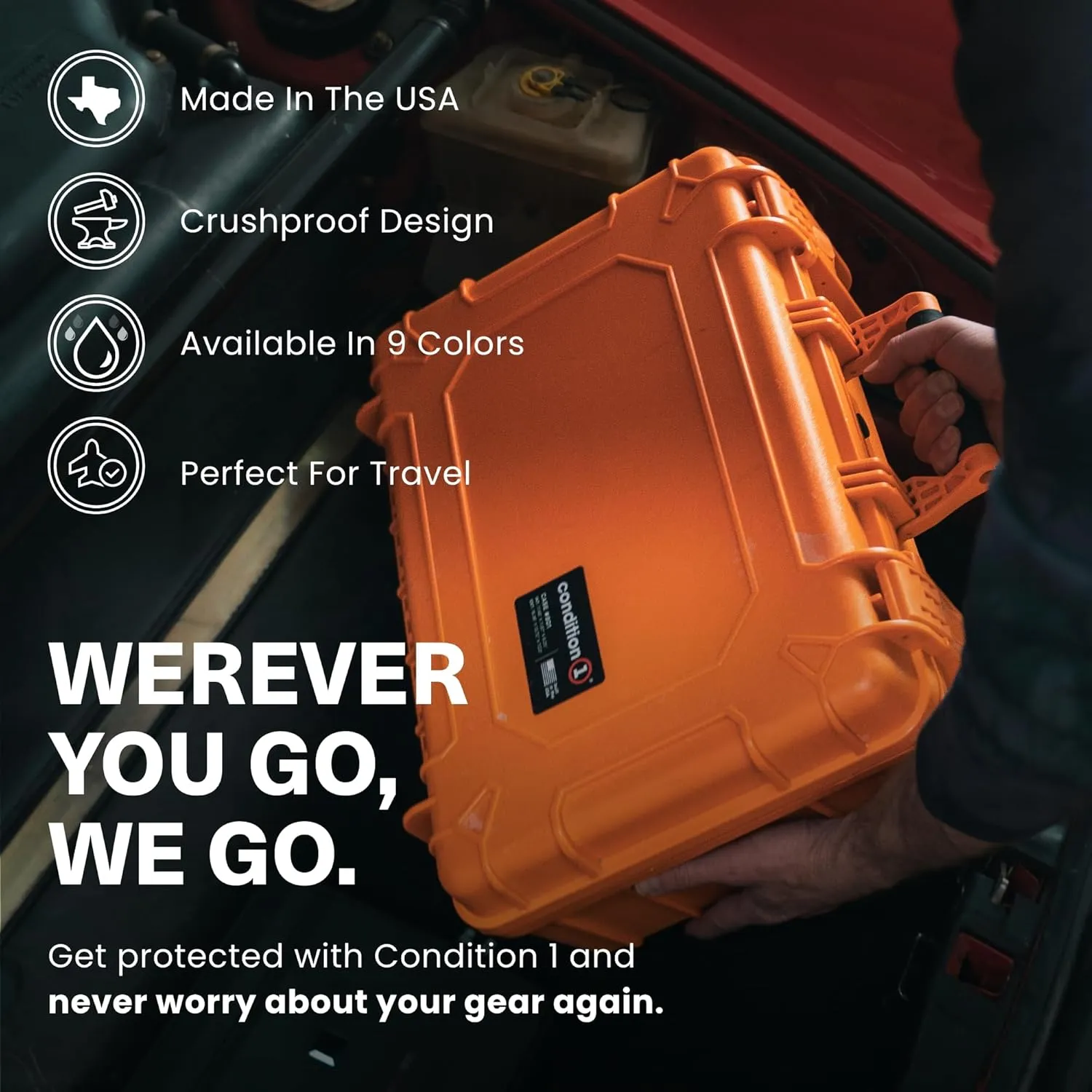 Condition 1 18" Medium Waterproof Hard Case with Foam, Model 801, Portable Protective Storage Box for Travel, Tactical Gear, Made in USA,18.36"x13.70"x 7.03" Tan