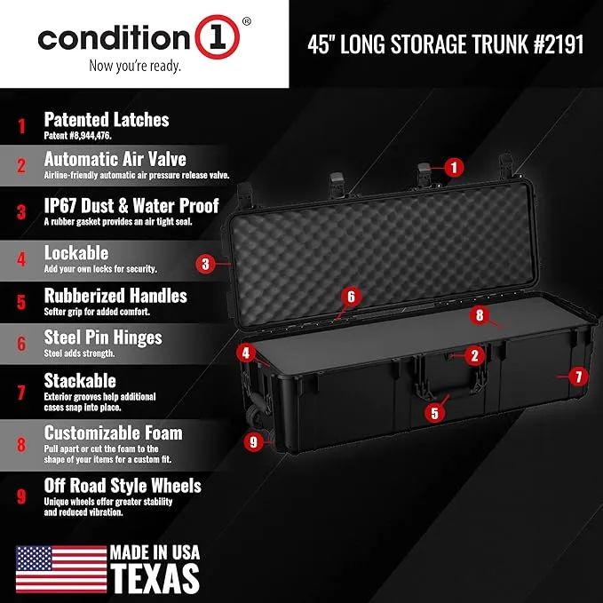 Condition 1 45" Long Hard Shell Carrying Case with Wheels, Waterproof, Protective, Storage for Music Equipment, Camera, Travel Case, Made in USA, 2191, 44.52"x16.30"x12.90" Black