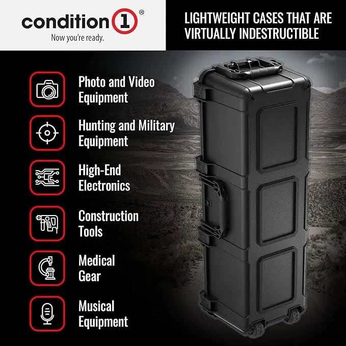 Condition 1 45" Long Hard Shell Carrying Case with Wheels, Waterproof, Protective, Storage for Music Equipment, Camera, Travel Case, Made in USA, 2191, 44.52"x16.30"x12.90" Black