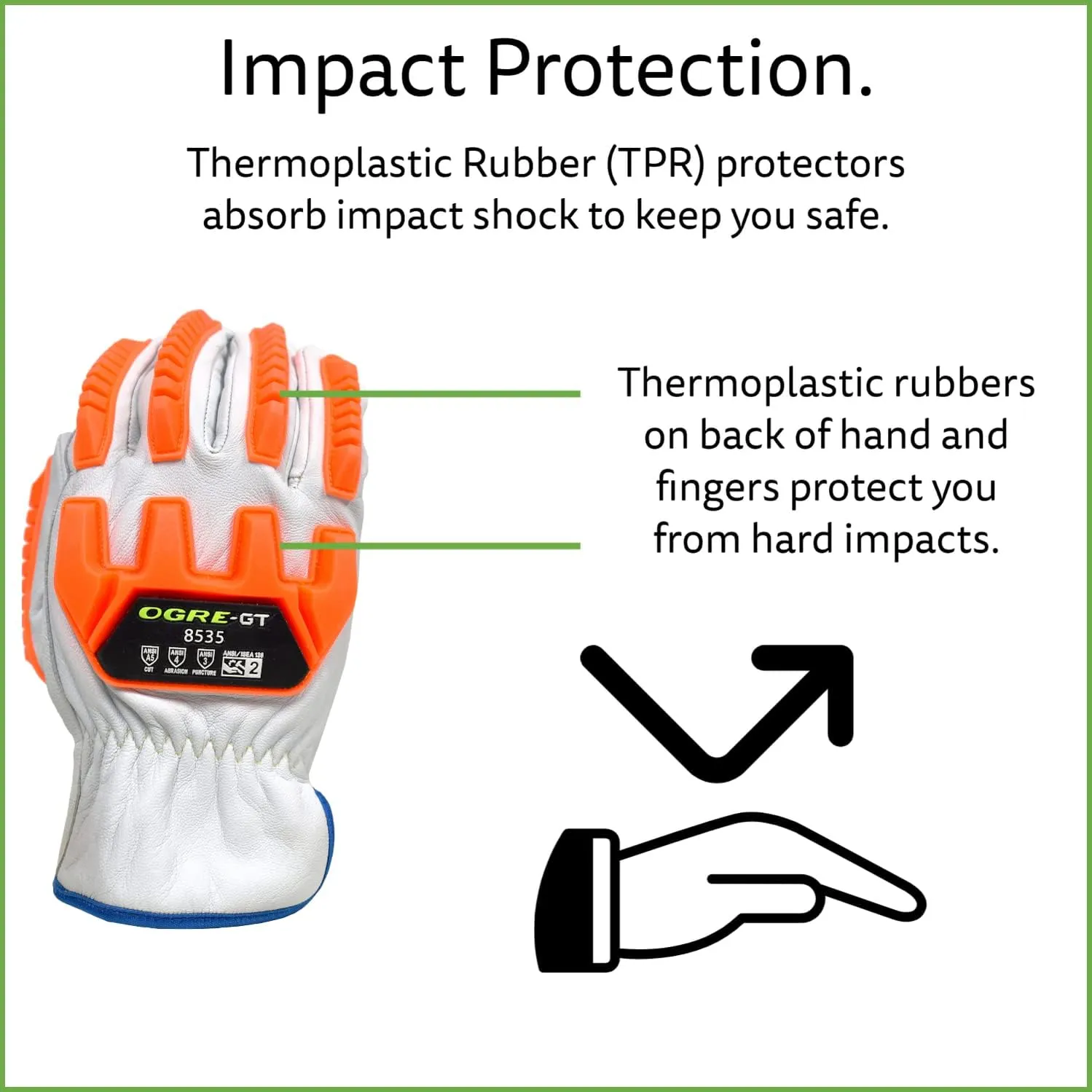 Cordova 8535 OGRE-GT Premium Grain Goatskin Gloves,Aramid/GlassFabric Lined,Padded Palm,Orange TPR Protector,ANSI Cut Level4