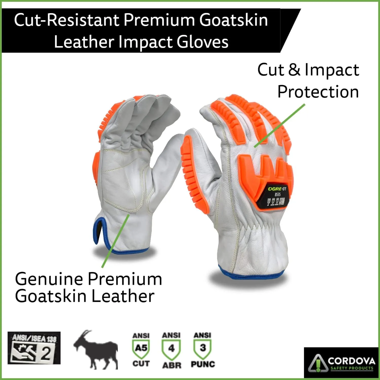 Cordova 8535 OGRE-GT Premium Grain Goatskin Gloves,Aramid/GlassFabric Lined,Padded Palm,Orange TPR Protector,ANSI Cut Level4