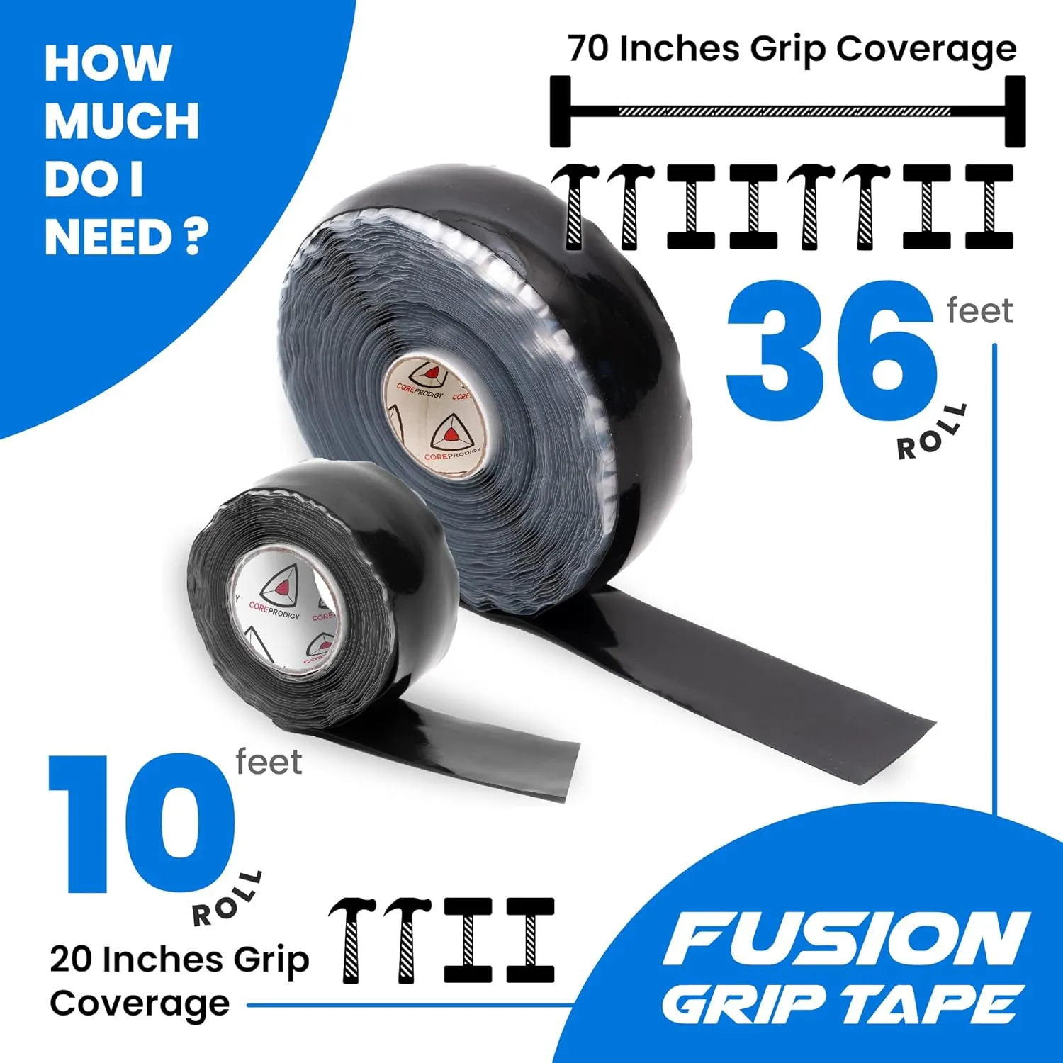 Core Prodigy Fusion Grip Tape - Silicone Rubber Wrap for Pull Up Bars, Barbells, Dumbbells, Sports and Gym Equipment, and Tools