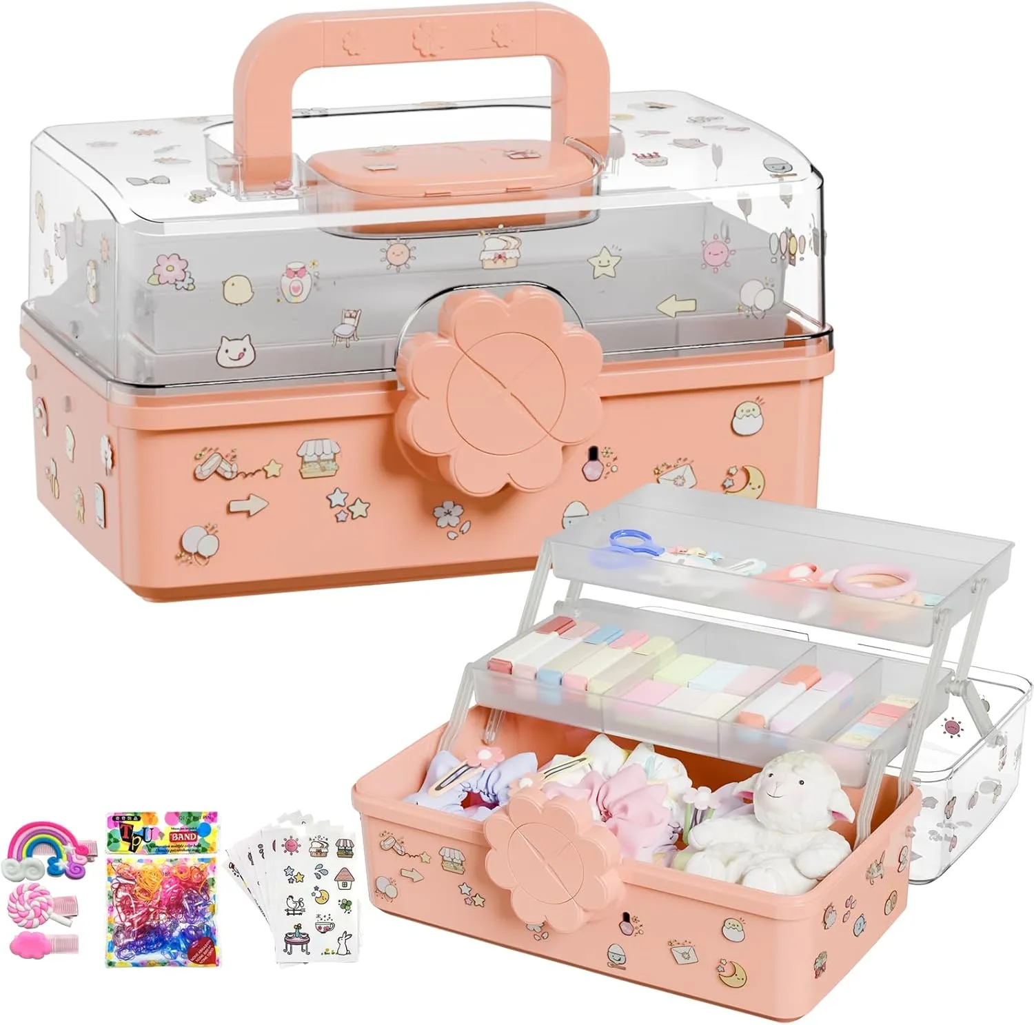 Covetree Three-Layer Multipurpose Storage Box with Handle – Ideal for Hair Accessories, Sewing Supplies, Art Supplies, Medicine, and Tools Organizer for Kids (Transparent)