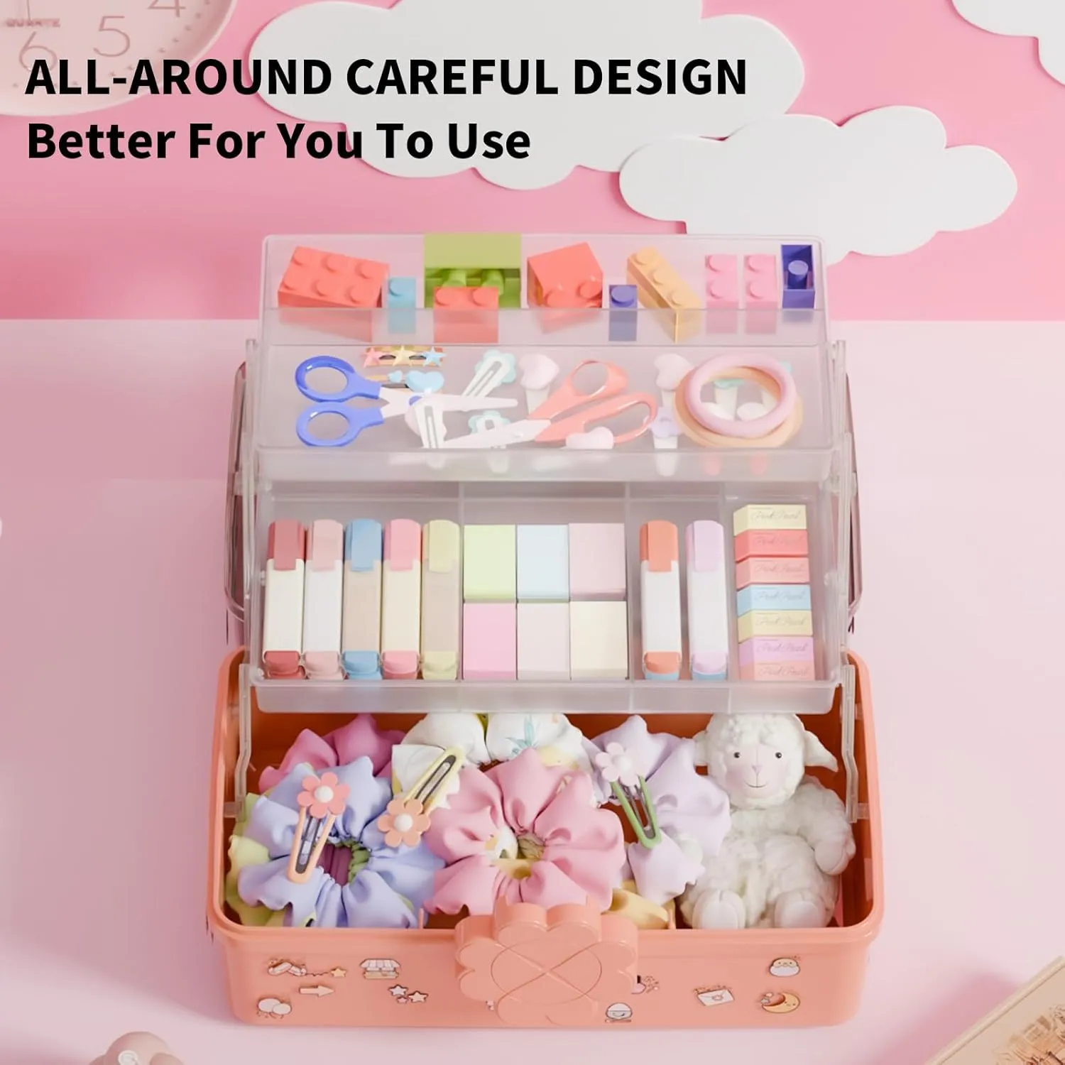 Covetree Three-Layer Multipurpose Storage Box with Handle – Ideal for Hair Accessories, Sewing Supplies, Art Supplies, Medicine, and Tools Organizer for Kids (Transparent)