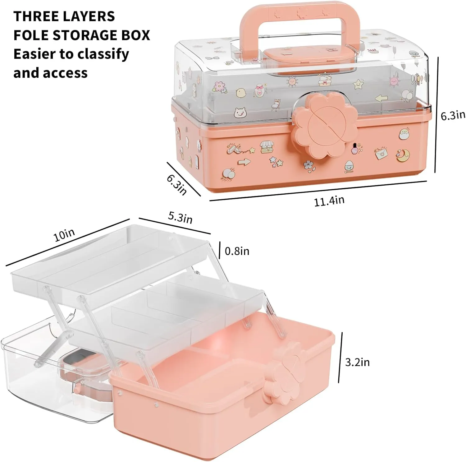Covetree Three-Layer Multipurpose Storage Box with Handle – Ideal for Hair Accessories, Sewing Supplies, Art Supplies, Medicine, and Tools Organizer for Kids (Transparent)