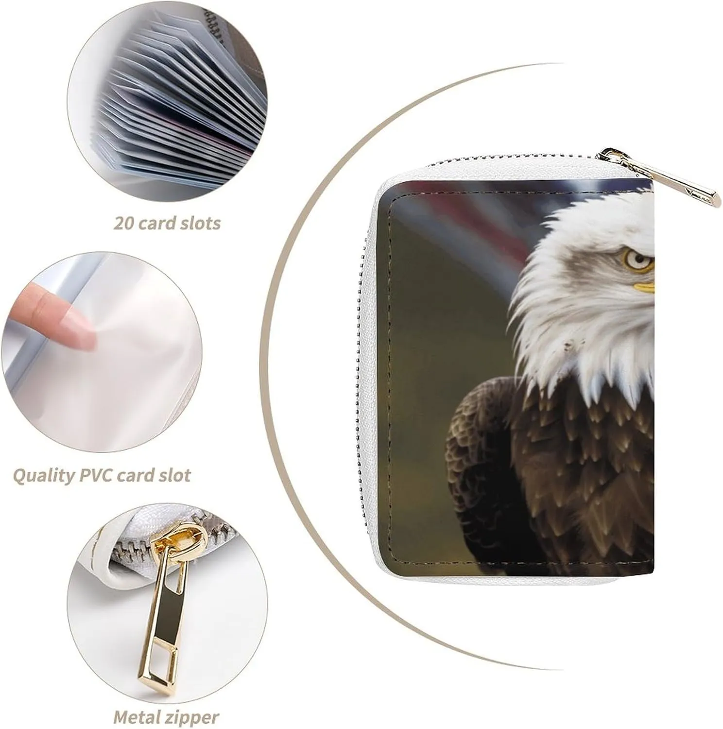 Credit Card Wallet,American Bald Eagle Card Cases Holder Credit Card Holder Wallet with Card Slots Coin Cash Zipper Purse Case Wallet