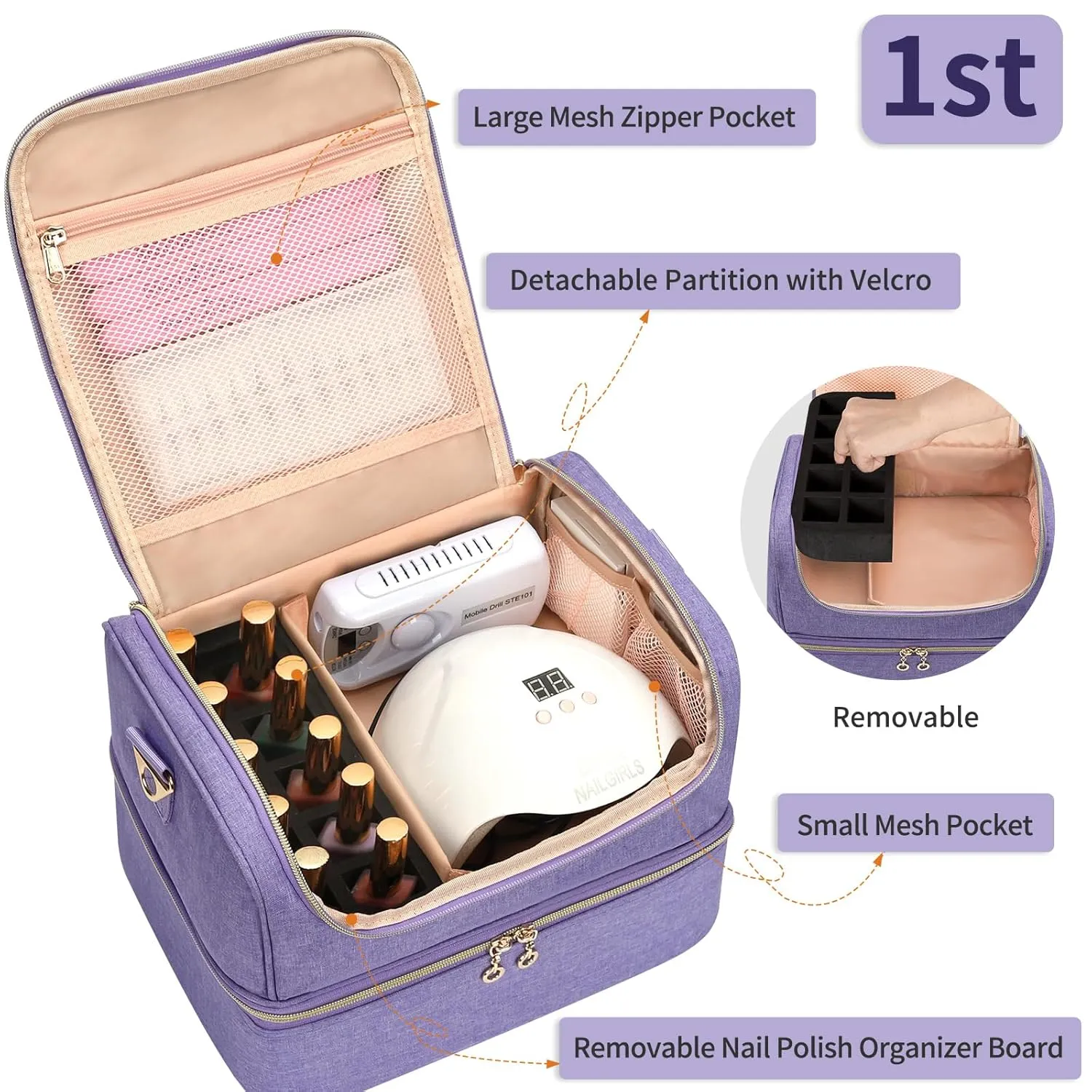 CUBETASTIC Nail Polish Organizer Case, Nail Supplies Storage Box Holds 45 Bottles Nail Polish & Nail Lamp, Travel Nail Tech Carrying Case, Nail Kit Bag For Nail Stuff & Manicure Tools