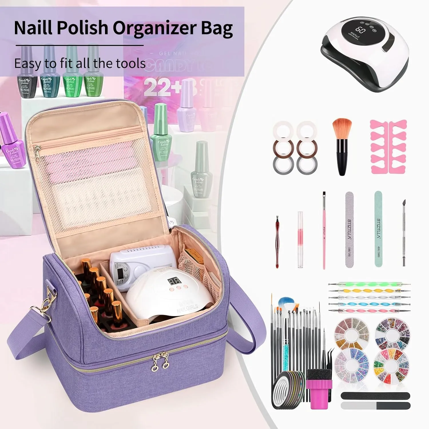 CUBETASTIC Nail Polish Organizer Case, Nail Supplies Storage Box Holds 45 Bottles Nail Polish & Nail Lamp, Travel Nail Tech Carrying Case, Nail Kit Bag For Nail Stuff & Manicure Tools