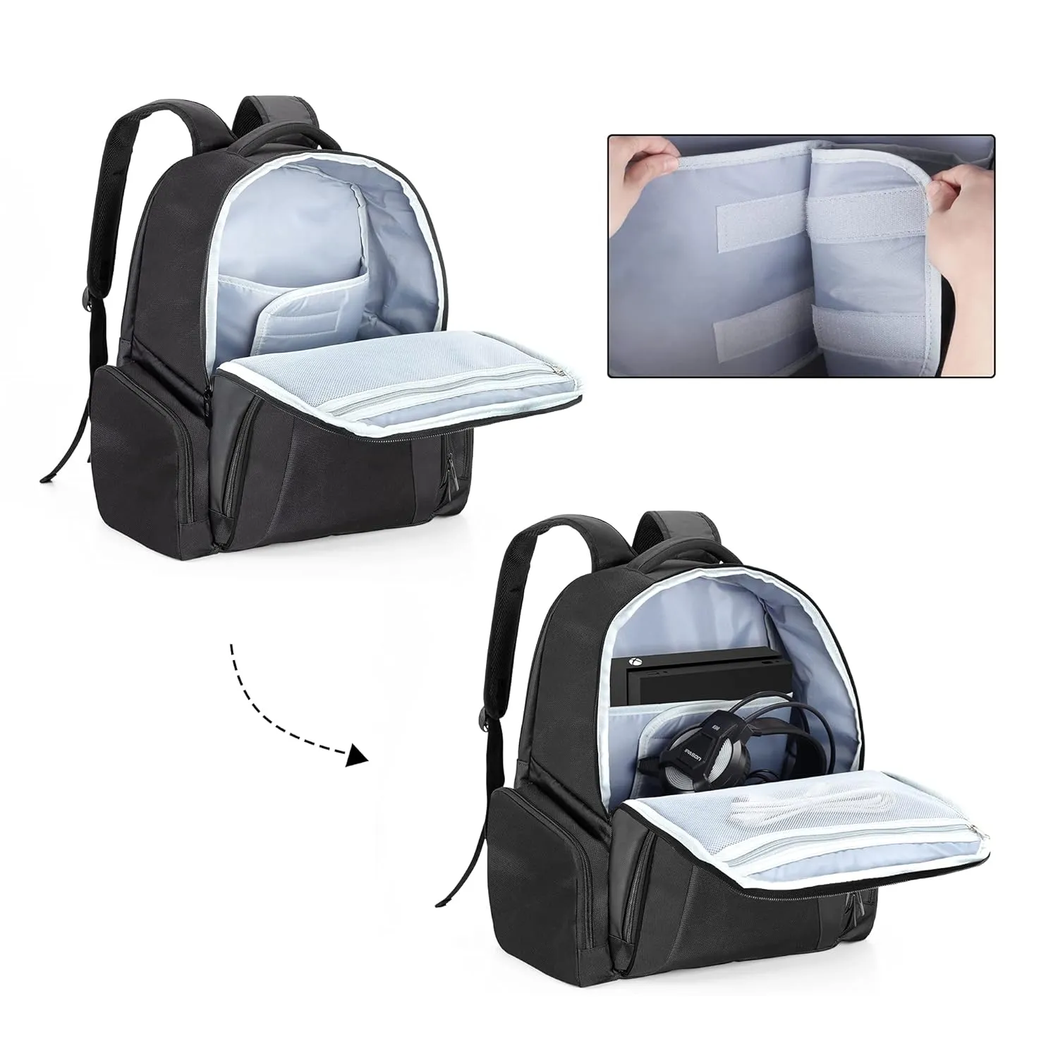 CURMIO Travel Backpack Compatible for Xbox Series S, Xbox One/ One S/ One X, Xbox 360/ 360 Slim, Carrying Case for Game Console, Controllers and Accessories, Black Stripe (Bag Only, Patent Pending)