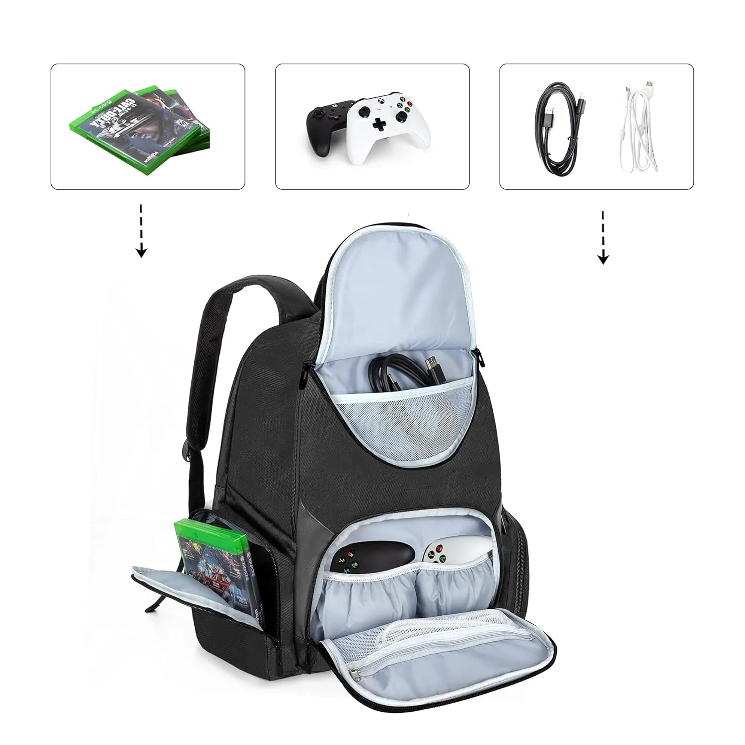 CURMIO Travel Backpack Compatible for Xbox Series S, Xbox One/ One S/ One X, Xbox 360/ 360 Slim, Carrying Case for Game Console, Controllers and Accessories, Black Stripe (Bag Only, Patent Pending)
